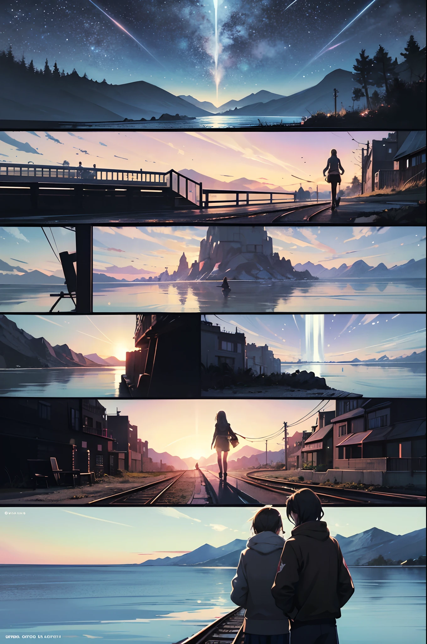 comic strip,Cartoon Split,Storyboard,Masterpiece, Anime train passing through large bodies of sea water on tracks, Bright starry sky. Romantic train, Makoto Shinkai's picture, Pisif, concept-art, Lofi art style, Reflection. By Makoto Shinkai, Lofi art, beautiful anime scenes, Anime landscape, Detailed scenery —width 672, in the style of makoto shinkai, Makoto Shinkai's style, Enhanced detail.