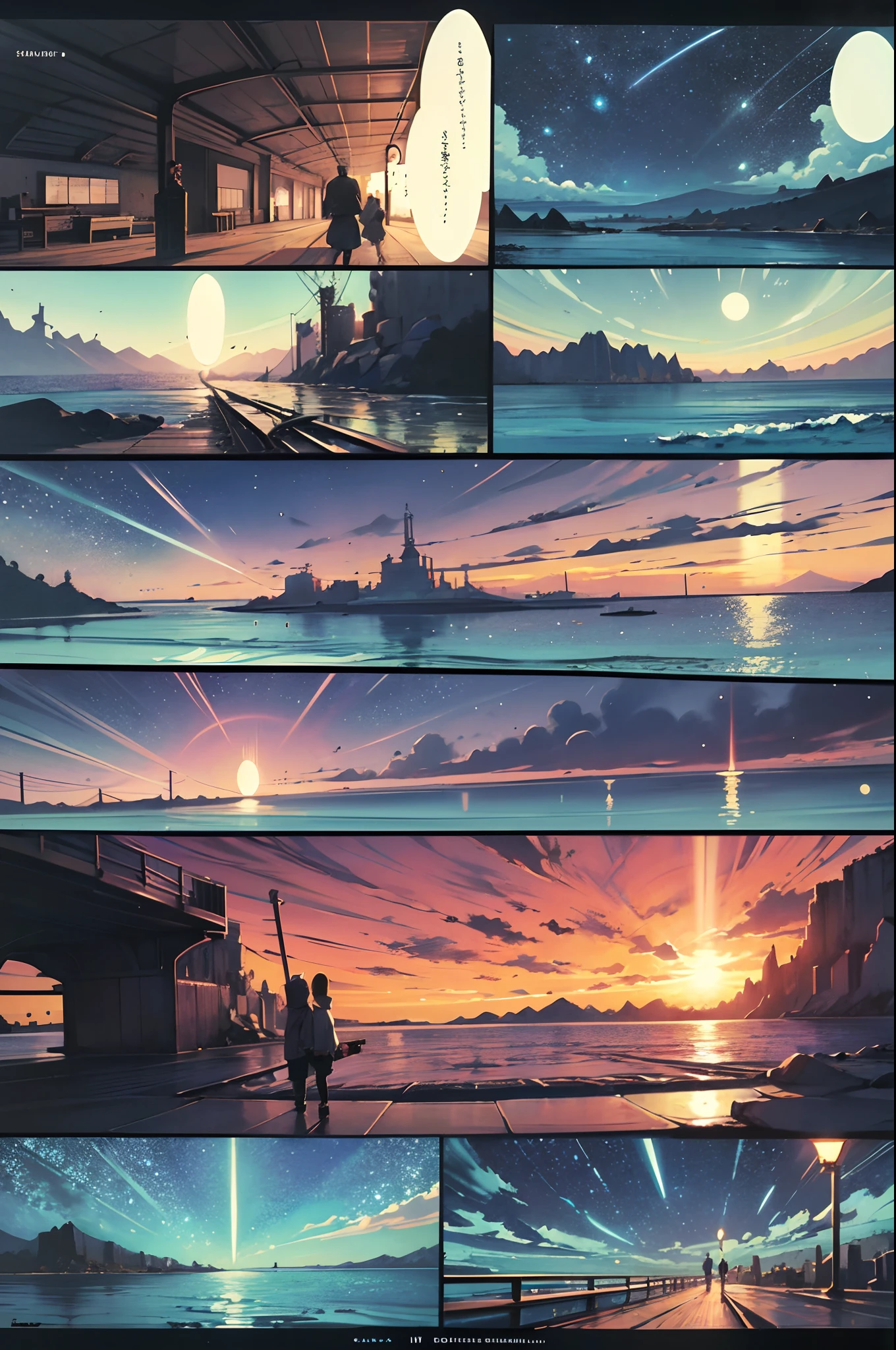 comic strip,Cartoon Split,Storyboard,Masterpiece, Anime train passing through large bodies of sea water on tracks, Bright starry sky. Romantic train, Makoto Shinkai's picture, Pisif, concept-art, Lofi art style, Reflection. By Makoto Shinkai, Lofi art, beautiful anime scenes, Anime landscape, Detailed scenery —width 672, in the style of makoto shinkai, Makoto Shinkai's style, Enhanced detail.