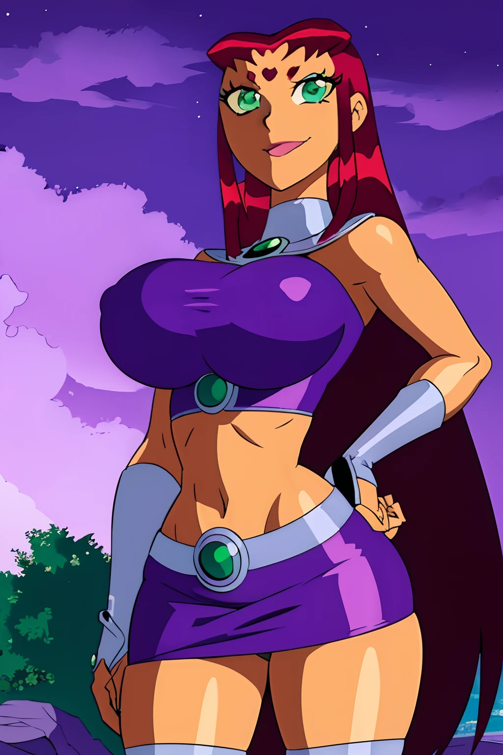 titans, Starfire, anime, masterpiece, 1girl, ((bimbo))), smile face, green eyes, long red hair, puffy lips, painted lips, thick lips, wide hips, thick thigh, big breast, huge ass, tan skin, purple skirt, purple top, posing,