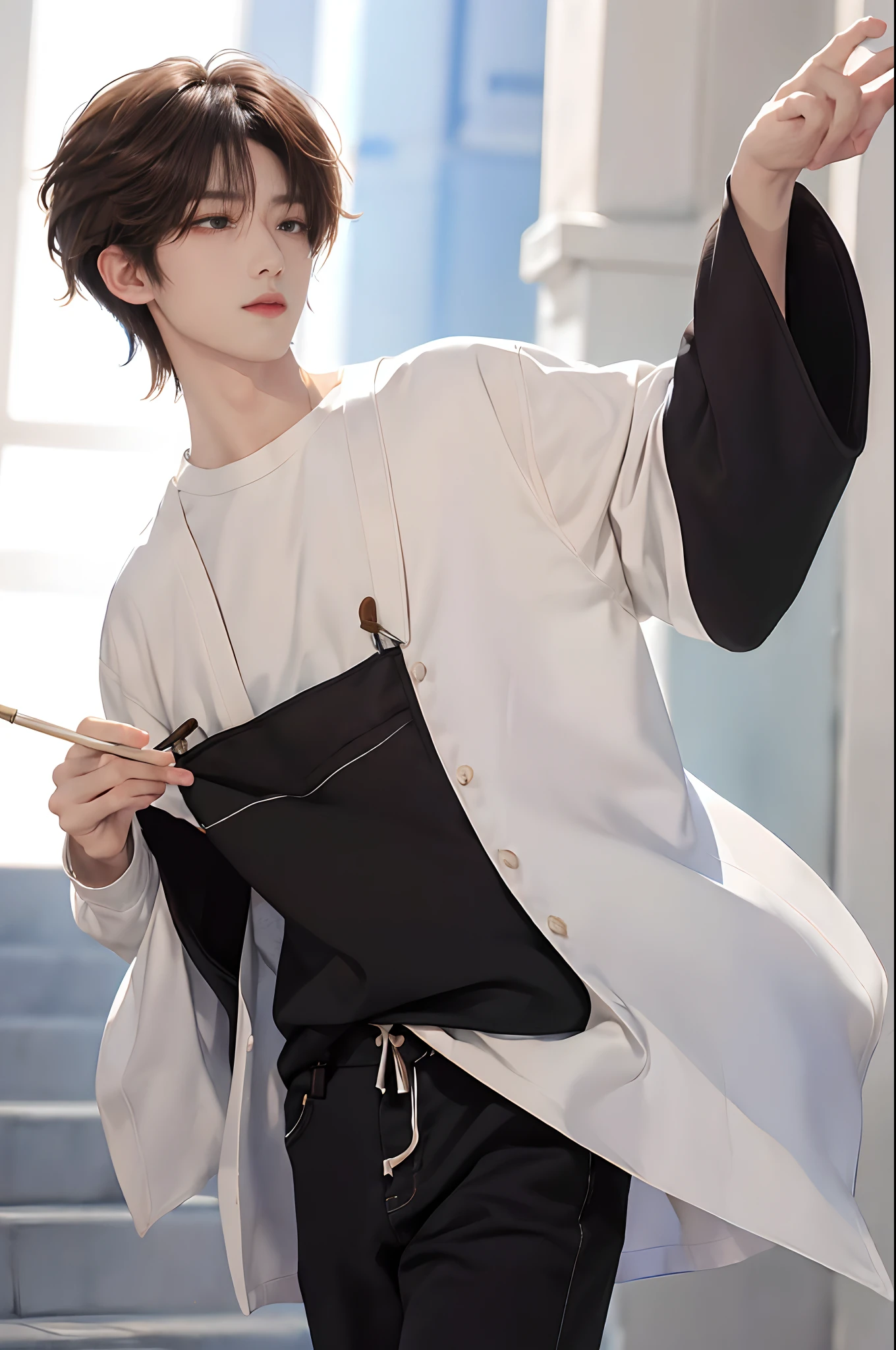 ​masterpiece、top-quality)、One Manly Boy、Slim body、((Plain clothes with long sleeves and long pants in black and white:1.1))、(Detailed beautiful eyes)、In the Han River、Face similar to Chaewon in Le Selefim、((short hair above the ears))、((Smaller face))、((Neutral face))、((Light brown eyes))、((Korean boy))、((18year old))、((Handsome man))、((Wild look))、((Korean Makeup))、((elongated and sharp eyes))、((Happy dating))、((He is walking in front of the viewer))、((shot from a side angle))