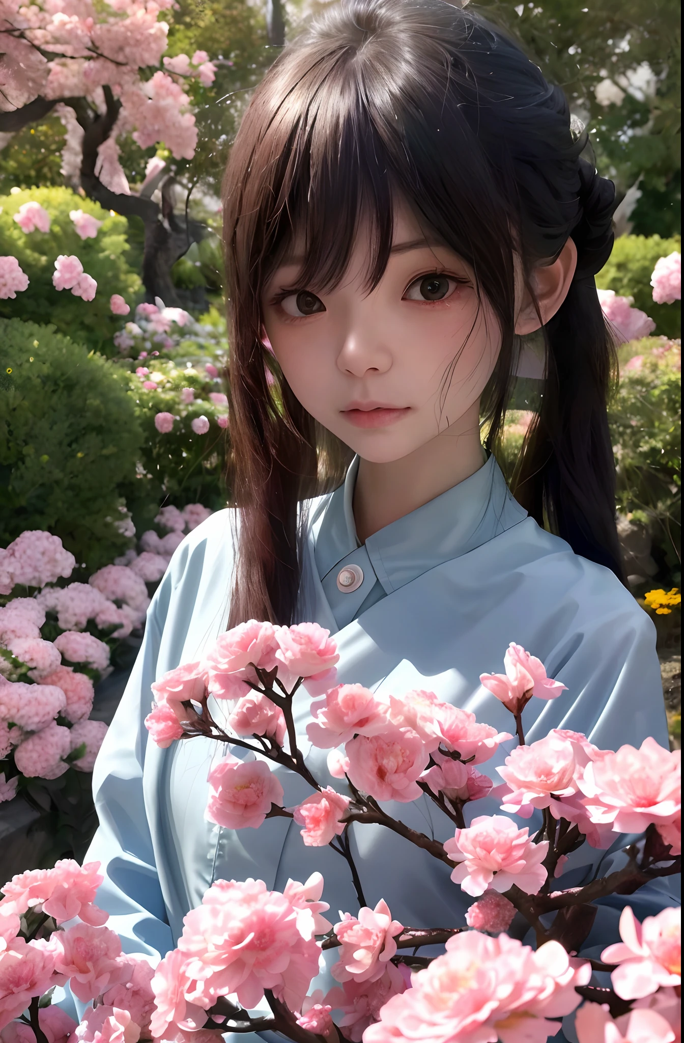 （Need，tmasterpiece），（详细的脸，realisticlying，the detail），1girll，Pose，Particle，ventania，florals，The upper part of the body，simplebackground，looking at viewert，Focus on the face，The color hair，校服