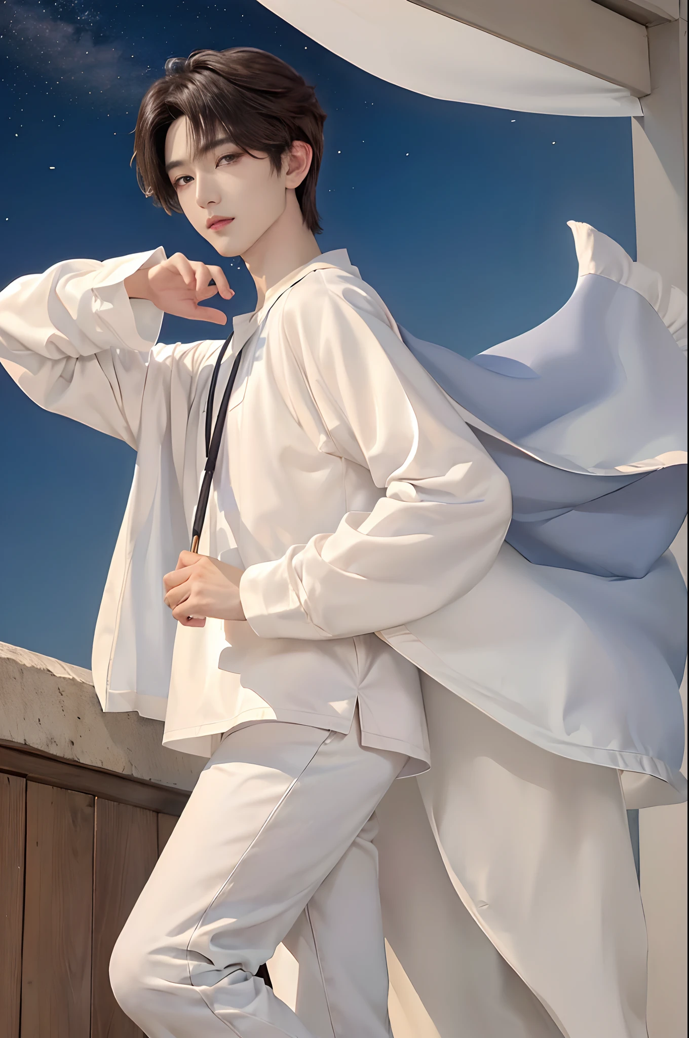 ​masterpiece、top-quality)、One Manly Boy、Slim body、((Plain clothes with long sleeves and long pants in black and white:1.1))、(Detailed beautiful eyes)、In the Han River、Face similar to Chaewon in Le Selefim、((short hair above the ears))、((Smaller face))、((Neutral face))、((Light brown eyes))、((Korean boy))、((18year old))、((Handsome man))、((Wild look))、((Korean Makeup))、((elongated and sharp eyes))、((Happy dating))、((He is walking in front of the viewer))、((shot from a side angle))