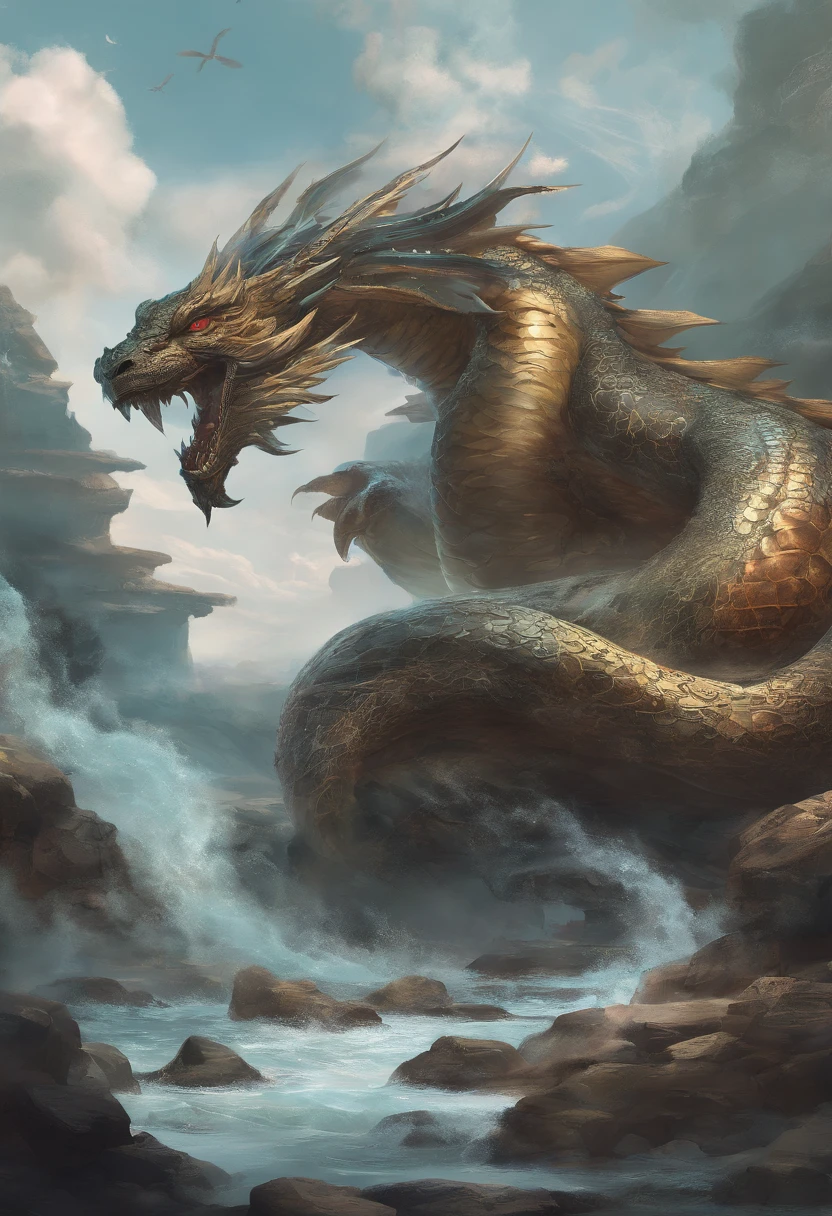 Dragon turtle（Heavy tortoiseshell shell，faucet，The long tail of the snake），tosen，Huge waves，China-style，oc rendered，super-fine，Hyper-realistic，Ultra photo realsisim，high qulity，8K high resolution，ultra - detailed