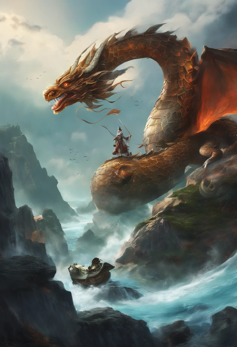 Dragon turtle,Huge, Heavy tortoiseshell shell,Chinese leader,The long tail of the snake,soaring waves,China-style,oc rendered,super-fine,high qulity,A high resolution