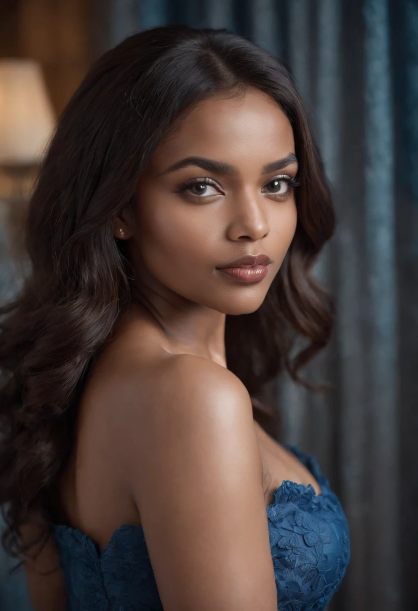 Beautiful dark-skinned woman with sultry blue bedroom eyes. mediuml breasts, Full puffy lips luxurious long hair. Nice slim waist round ass. حريري السلس i