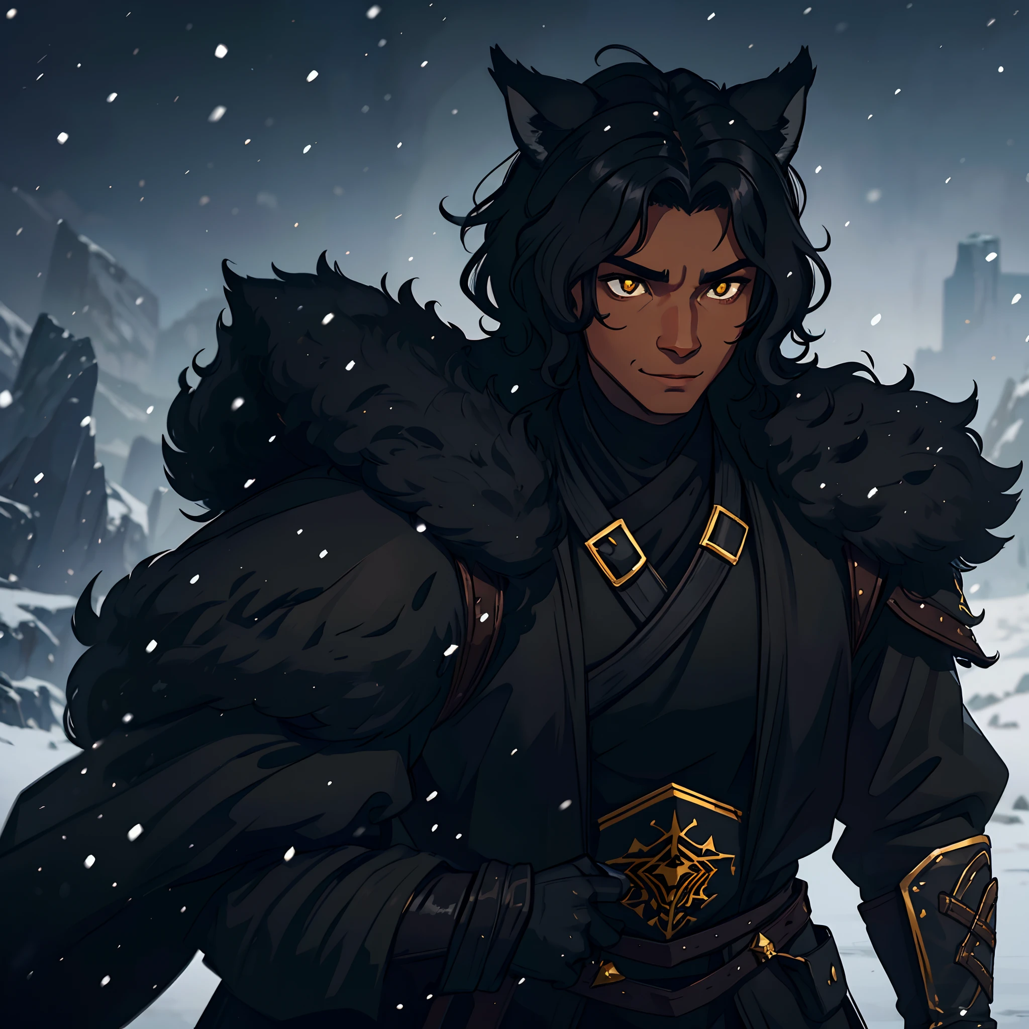 A beautiful black man with short wavy hair, a confident gaze, Black beauty, golden eyes, lynx ears, and a confident smile, dressed in dark and black attire like an assassin, a fantasy character, an RPG character. Warm lighting, snowflakes falling, he is in the tundra, perfect eyes, 4k