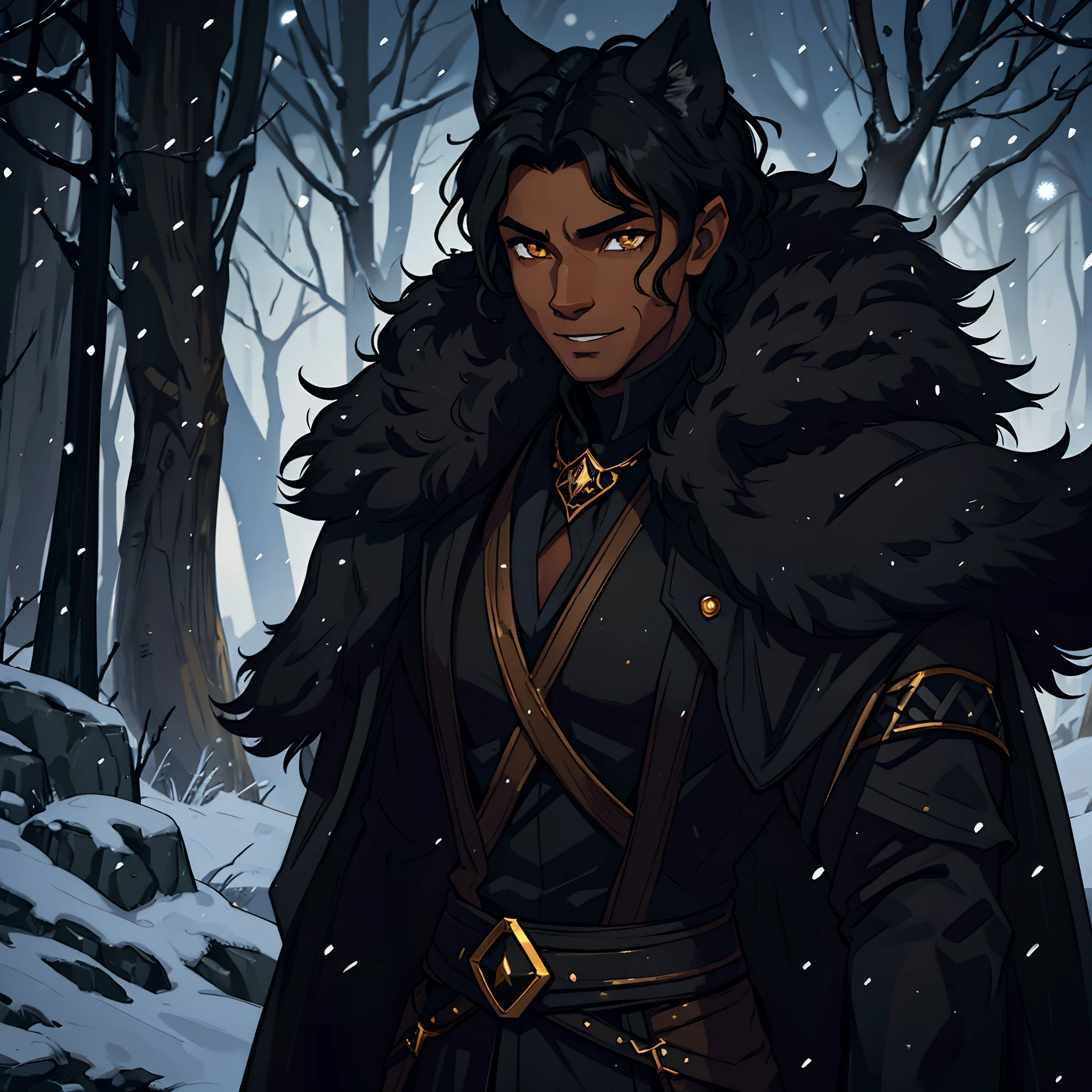 A beautiful black man with short wavy hair, a confident gaze, Black beauty, golden eyes, lynx ears, and a confident smile, dressed in dark and black attire like an assassin, a fantasy character, an RPG character. Warm lighting, snowflakes falling, he is in the tundra, perfect eyes, 4k