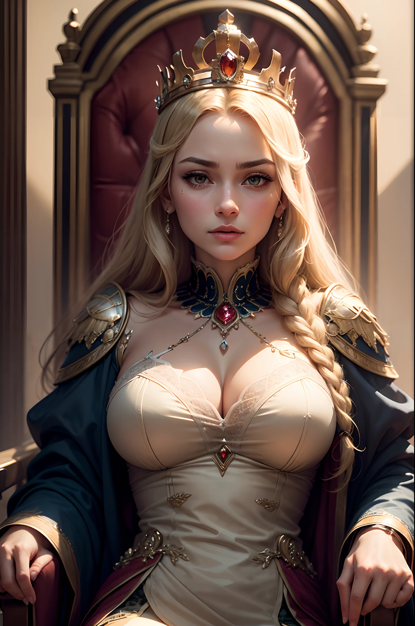 best qualtiy,tmasterpiece,detaileds,intricate-detail,Realistic movie lighting,(Fantasyart:1.6),(Seiza:1.1),(frontage:1.2),erect through,royal,An majestic,A queen,empress,(Huge and magnificent seats:1.4),tiara crown,Front close-up,Stately,souls,upright posture,Serious,dignity,Sitefront,Contemplative,Weight substance,Sceptre,jewely,独奏,a medieval castle,Velvet Carpet,godrays,1 woman 8K, A sexy
