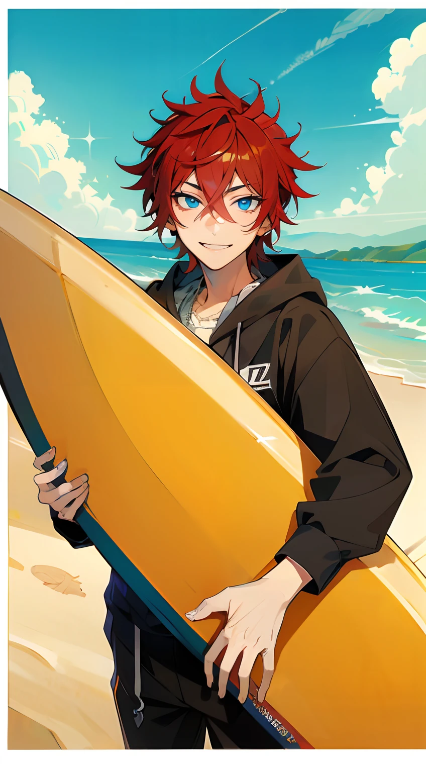 ((masterpiece, absurdres)) 1boy, Amagi Rinne, red hair, blue eyes , at beach,