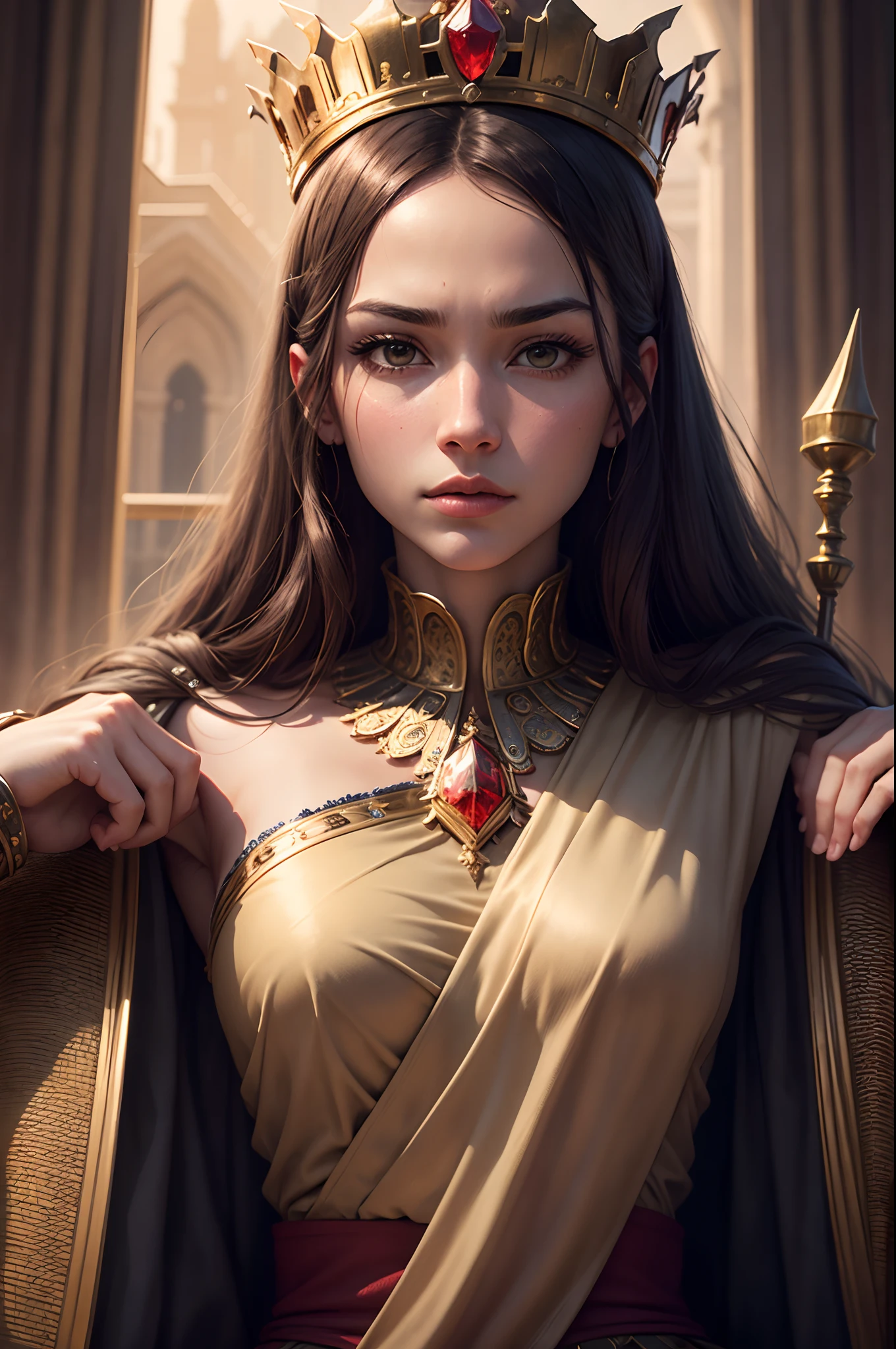 best qualtiy,tmasterpiece,detaileds,intricate-detail,Realistic movie lighting,(Fantasyart:1.6),(Seiza:1.1),(frontage:1.2),erect through,royal,An majestic,A queen,empress,(Huge and magnificent seats:1.4),tiara crown,Front close-up,Stately,souls,upright posture,Serious,dignity,Sitefront,Contemplative,Weight substance,Sceptre,jewely,独奏,a medieval castle,Velvet Carpet,godrays,1 woman 8K, A sexy