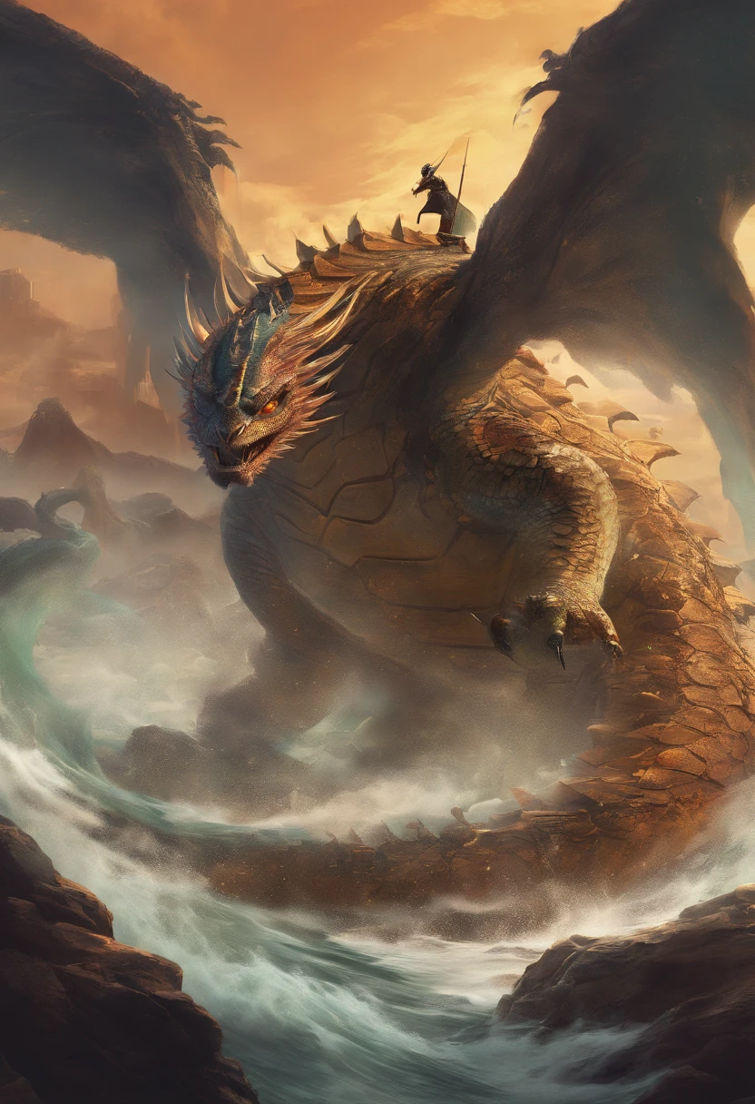 Dragon turtle,Huge, Heavy tortoiseshell shell,Chinese leader,The long tail of the snake,soaring waves,China-style,oc rendered,super-fine,high qulity,8K high resolution,ultra - detailed