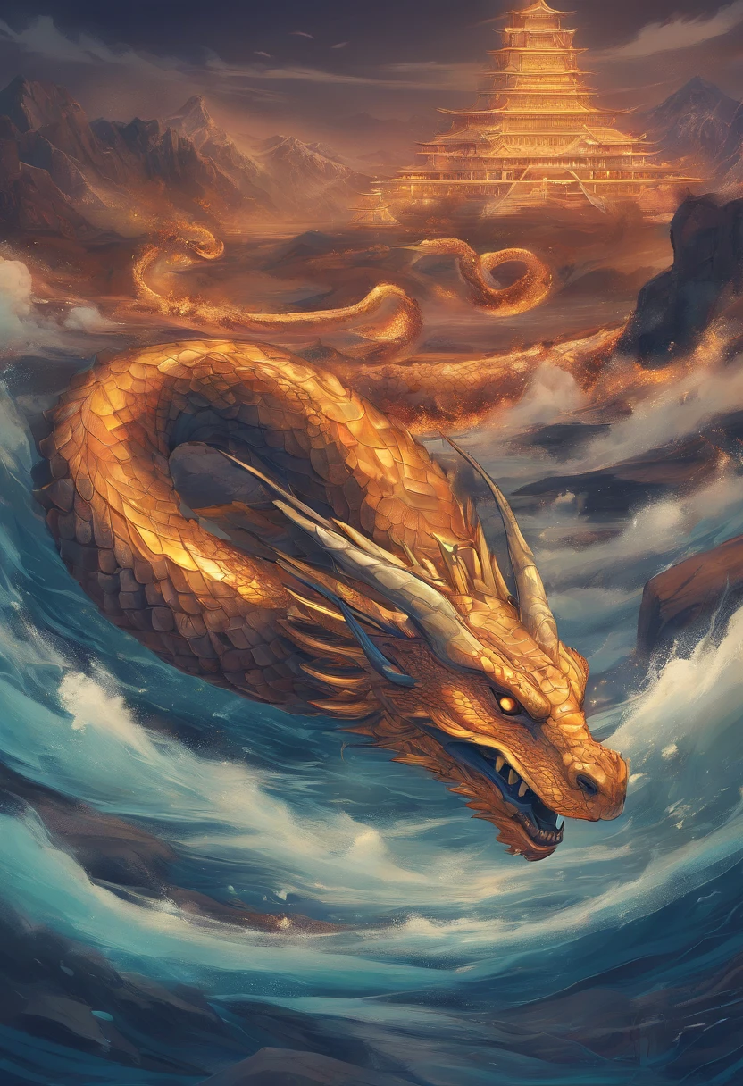 Dragon turtle,Huge, Heavy tortoiseshell shell,Chinese leader,The long tail of the snake,soaring waves,China-style,oc rendered,super-fine,high qulity,8K high resolution,ultra - detailed