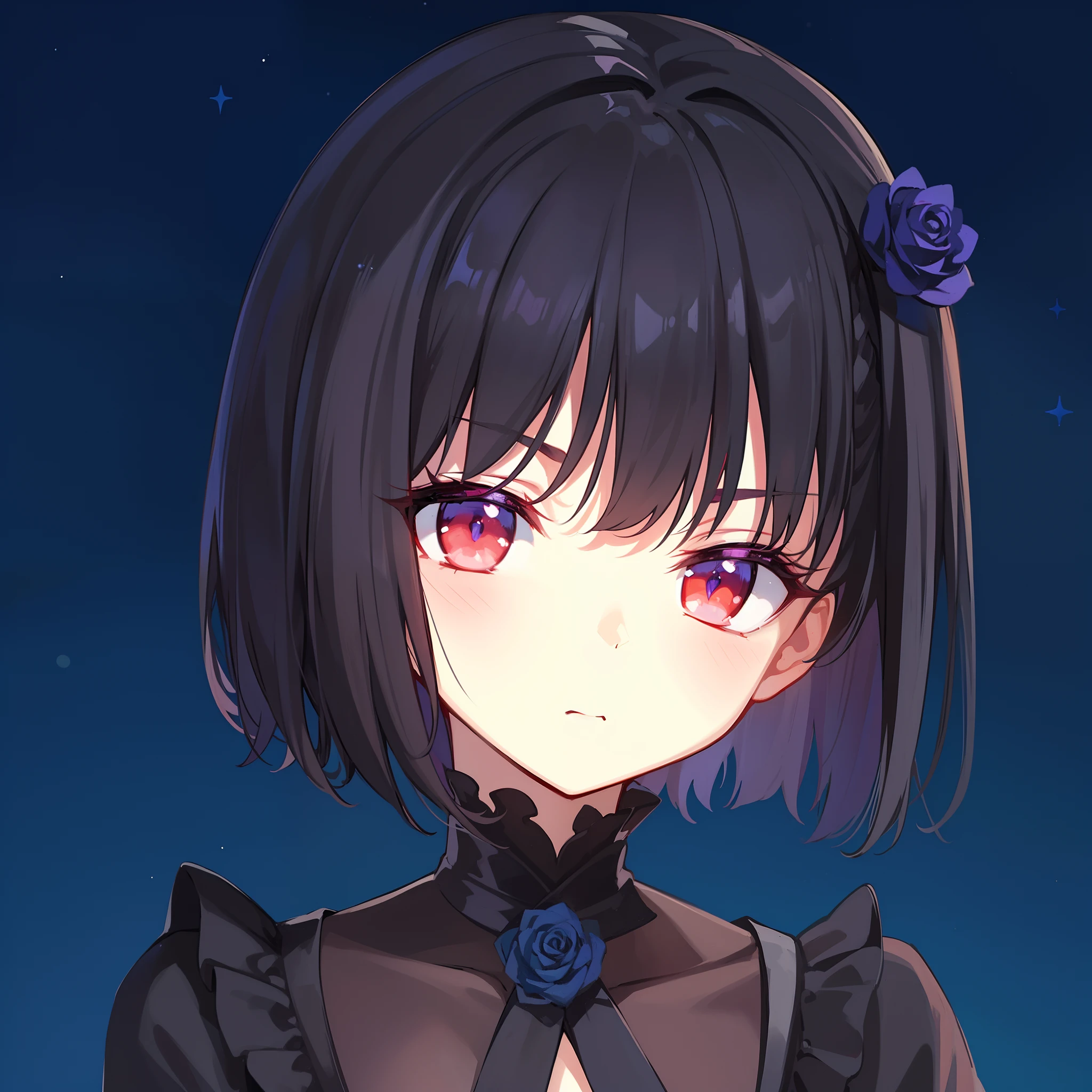 hiquality, tmasterpiece (one girls). A detailed eye. dark short hair. purple rose on hair. Dark gothic outfit. red-eyes. An indifferent face. short mouth. Against the background of the night sky and the star. window