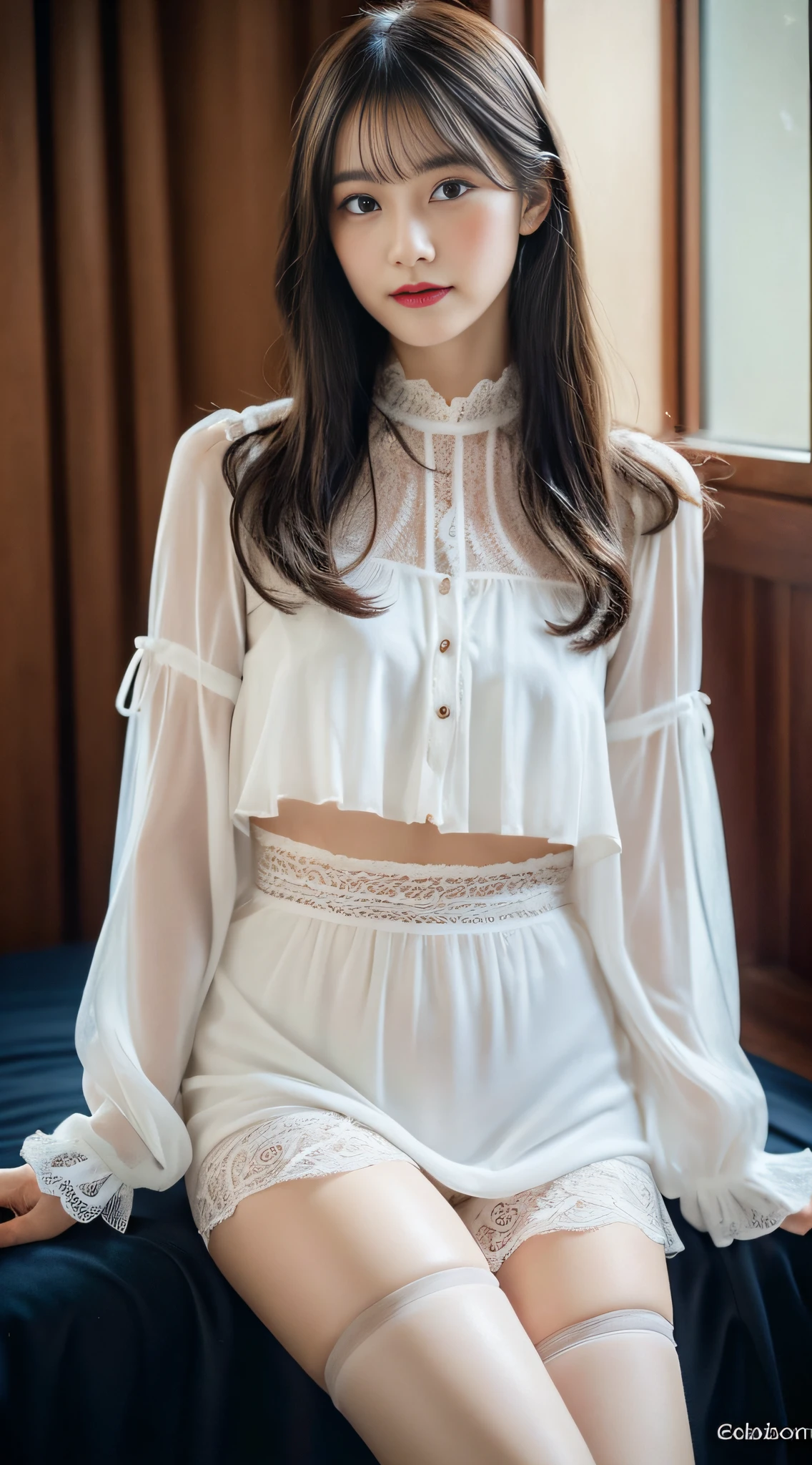 (32k,high detal,high-detail、Attention to detail,full body Esbian,独奏,Although incredibly beautiful and sexy、Very pretty15 high school girl loli beaiful girl:1.9),Raw photo & realistic atmosphere,beautiful dark blue eyes,Detailed mouth,Glossy lips,Detailed eyebrows,Eyes drawn in detail with soft white skin that shines with every detail、Very beautiful eyes with dark blue eyes,Detailed lips、Very beautiful face,Very well-formed face、Real Face,shiny beautiful lips,Beautiful eyebrows,Infinite reality, Realistic Young Gravure Idol, Young Sensual Gravure Idol, Young Gravure Idol, Beautiful, Sexy and cute.15 year old hol girl beautiful girl,the whole body is wet,dripped out,with a flushed face,,The body is dripping wet,Sheer clothing,Hair is wet,Dripping water,dripping,(Wet and see-through short sleeve blouse,Beautiful kind eyes,Looking at the camera:1.5),(Beautiful smooth legs,Exposed thighs,Gentle smile,Sexy shapely breasts,,Immature body,Beautiful sexy floral almost lace blouse with red and white base,Super emphasis on bare thighs,Show off your beautiful thighs sexy,Dark room in crimson sexy space,Sit on the bed、Stand on both feet:1.7),(semi-long hair with shiny knots,,,White and navy blue floral lace blouse,3dUltra-high resolution blouse with super detail、Lace and ruffles、See-through fabric for sexiness,All buttons of the blouse are unbuttoned.,Lower body wears black pantyhose, garter belt and G-string,cover crotch with hands,Warm your crotch with your hands,Dark red,total darkness,The room is dark、Difficult to see the subject.,Sexy space in pitch black red:1.9)