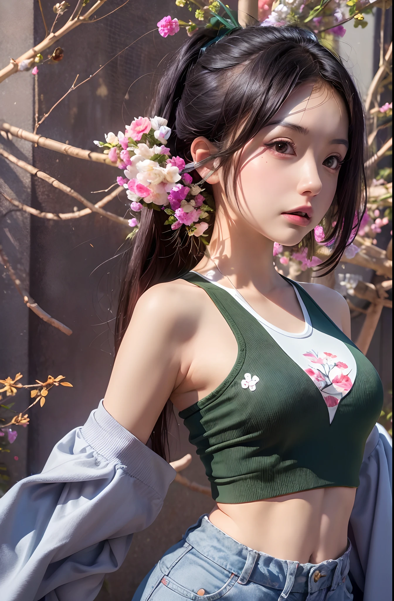 （Need，tmasterpiece），（详细的脸，realisticlying，the detail），1girll，Pose，Particle，ventania，florals，The upper part of the body，simplebackground，looking at viewert，Focus on the face，The color hair，校服，crop tops