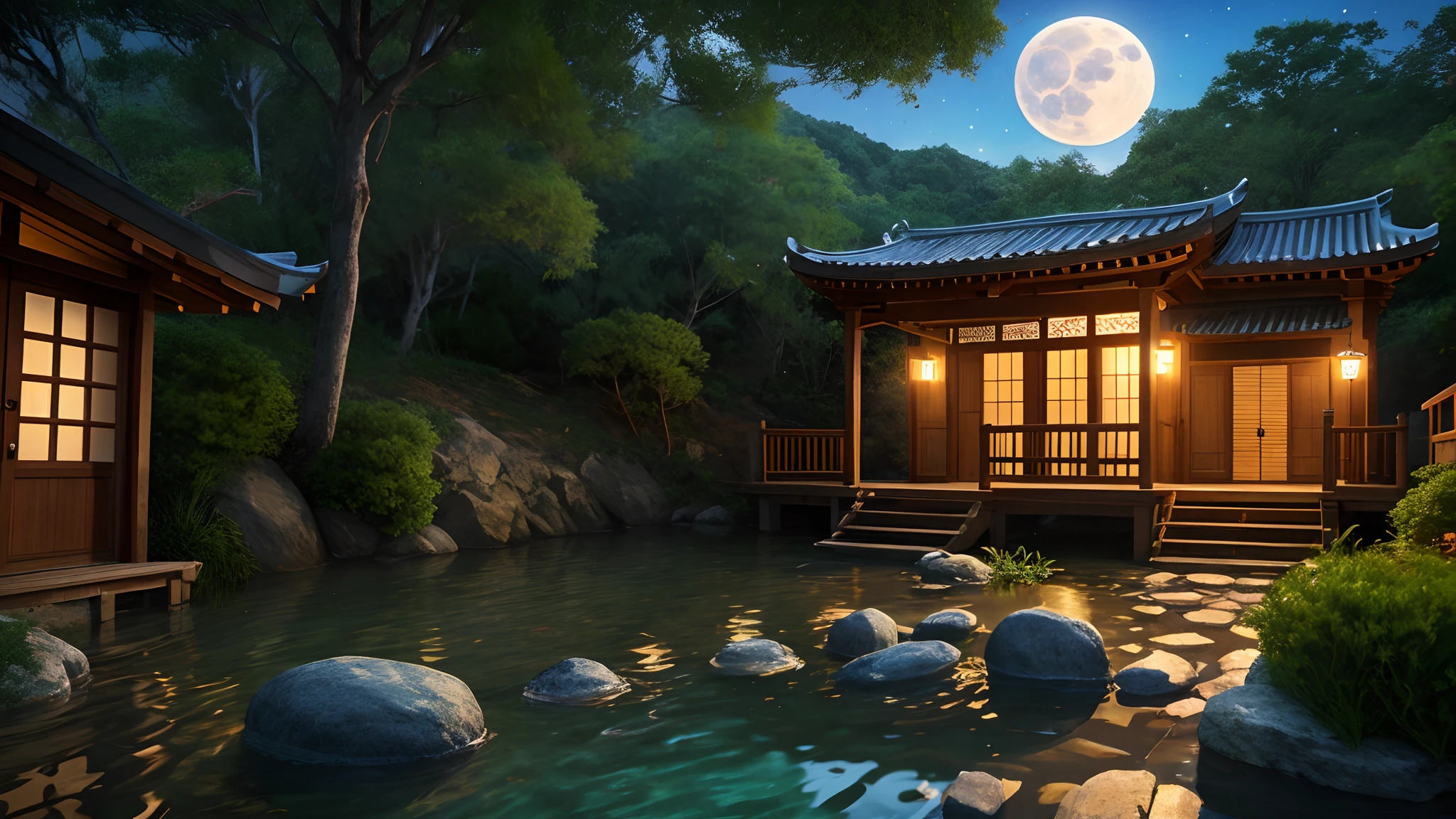 Under the moonlight as clear as water，lugar tranquilo com casas simples, hush. The old man sat on the stone steps in front of the door。Listen to the cicadas chirping in your ears，Looking at the slight ripples in the lake