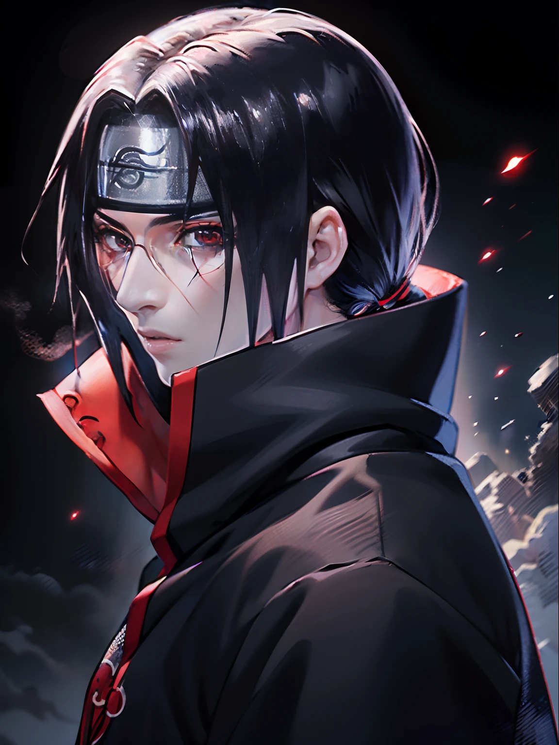 (master part, best quality, high resolution,Granulado:1.2),
quebrar (Uchiha Itachi:1.3), cabelos longos,protetor de testa, Ninja, capa, gola alta, jewelries, colar,cabelos pretos ,olhos vermelhos , macho, , black smoke surrounding, covered in black smoke, olhos brilhantes,
QUEBRAR corvos, transformando-se em corvos, (cercado por corvos:1.1),