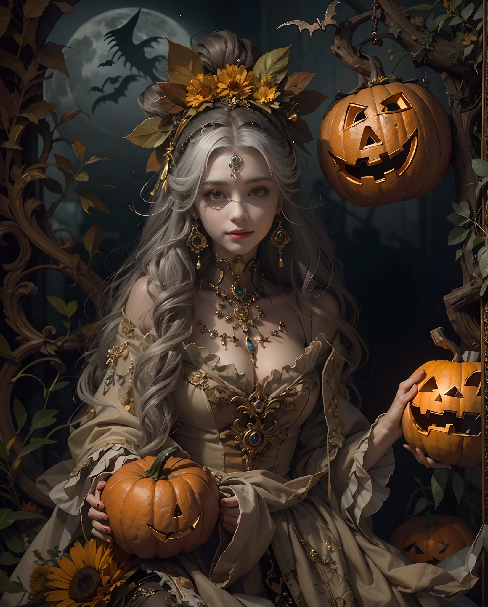 Best quality, masterpiece, meticulous detail, intricate detail, realistic, a mystical hallowen lady with kind and cheerful expression
