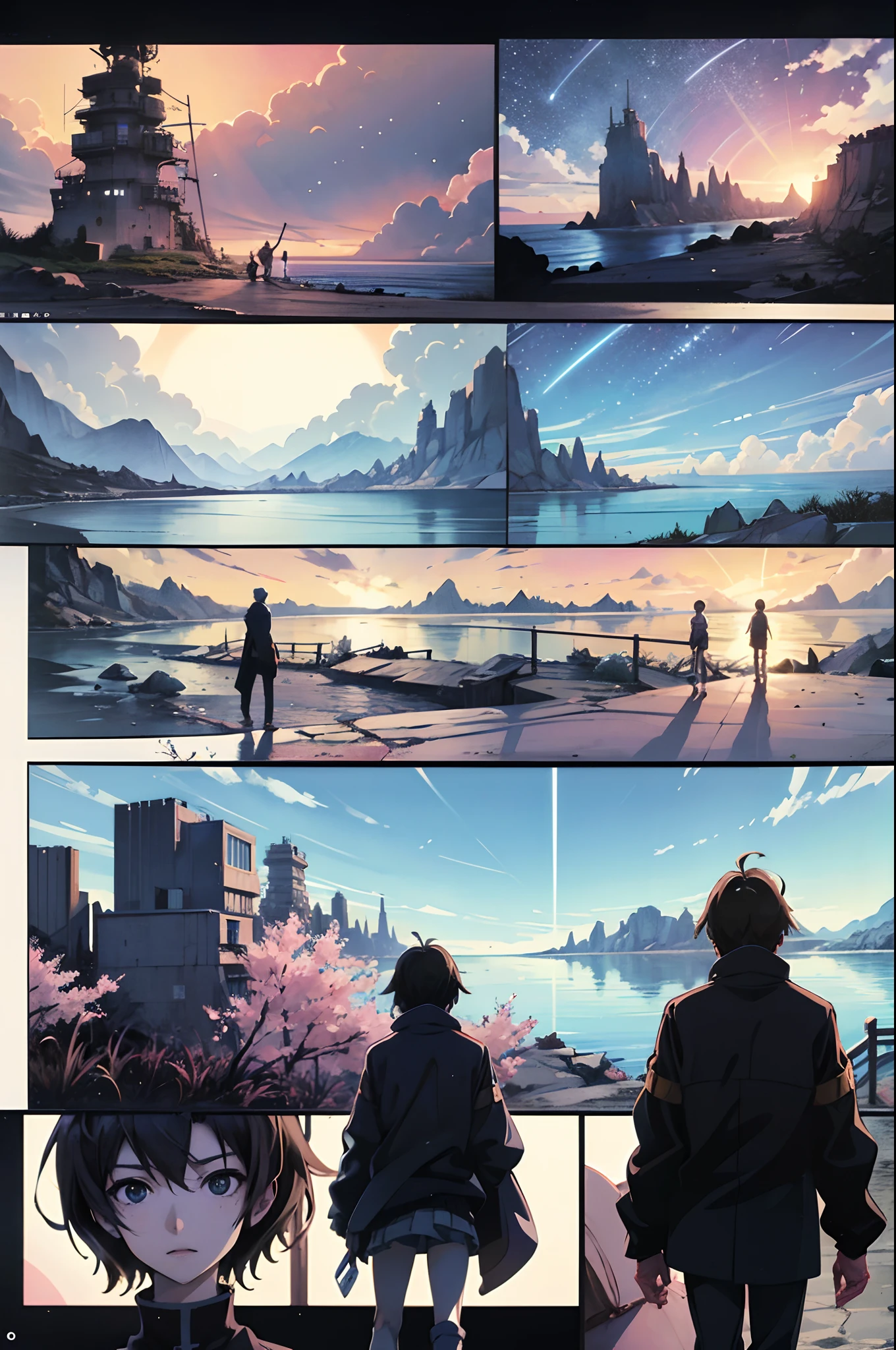 comic strip,Cartoon Split,Storyboard,Masterpiece, Anime magicians walk through large swathes of seawater, Bright starry sky. Romantic cherry blossoms, Makoto Shinkai's picture, Pisif, concept-art, Lofi art style, Reflection. By Makoto Shinkai, Lofi art, beautiful anime scenes, Anime landscape, Detailed scenery —width 672, in the style of makoto shinkai, Makoto Shinkai's style, Enhanced detail.