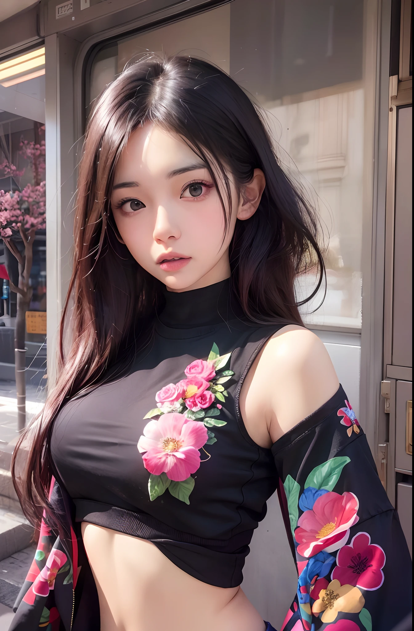 （Need，tmasterpiece），（详细的脸，realisticlying，the detail），1girll，Pose，Particle，ventania，florals，The upper part of the body，simplebackground，looking at viewert，Focus on the face，The color hair，校服，crop tops