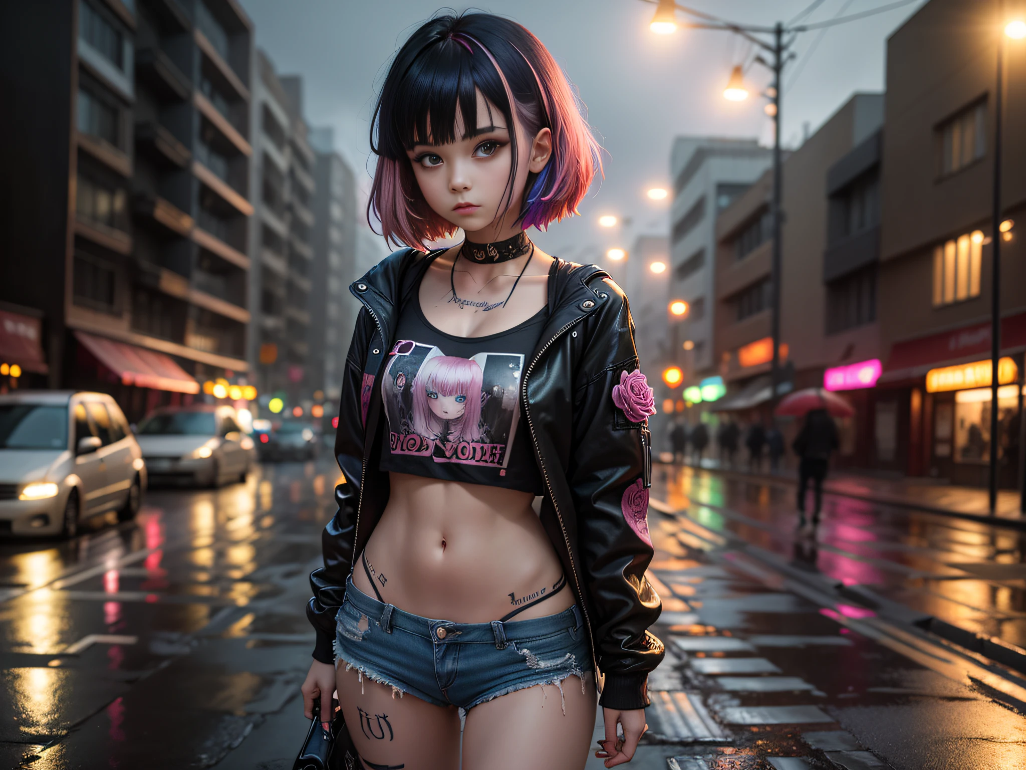 Photographie en gros plan, Jeune femme suicide girl avec des tatouages sur le corps, toute petite poitrine sous son t-shirt, confiant, multicolored pink and black gradient hair with bangs, porter un blouson teddy noir avec manches roses avec des broderies roses et bleues dessus, in a street soaked by rain at night, photoreallistic, lighting cinematic