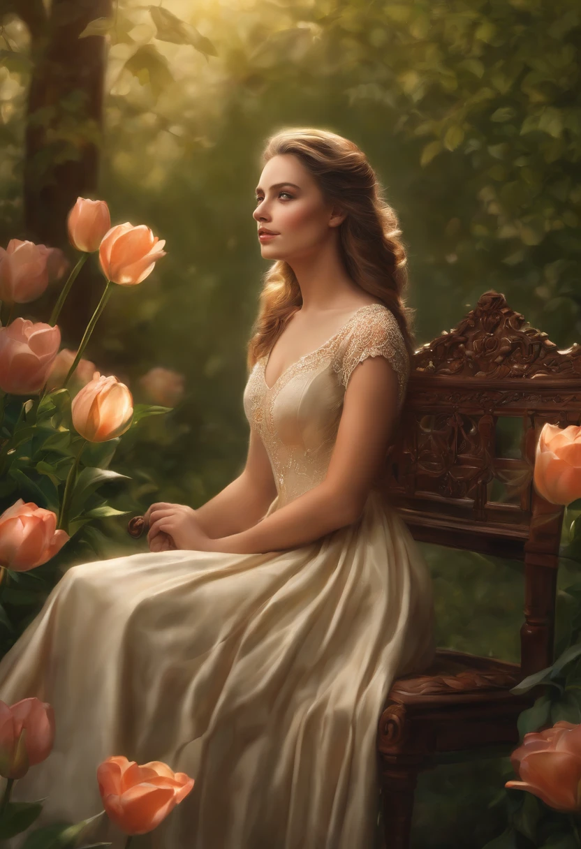 A woman sitting on a bench in a garden with flowers - SeaArt AI