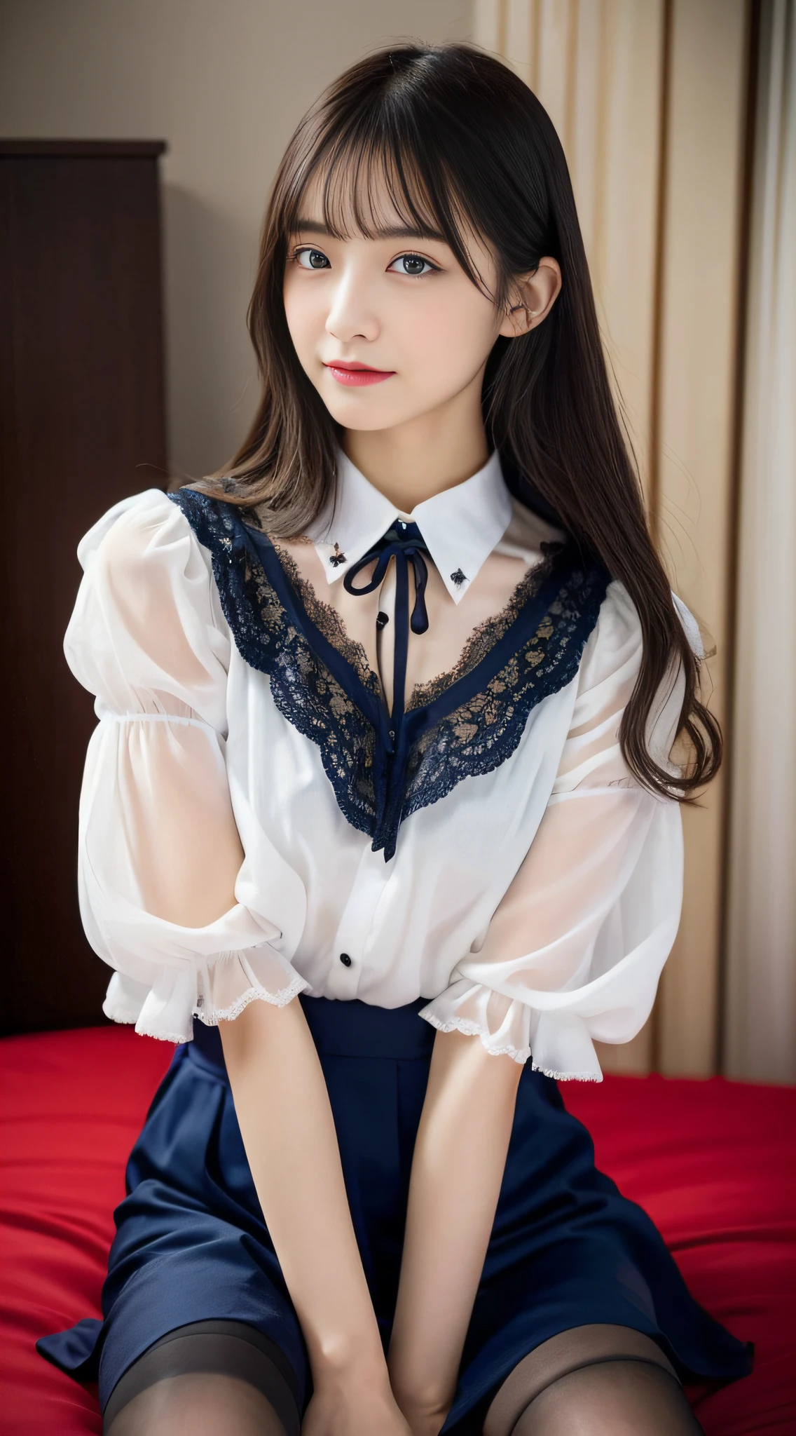 (32k,high detal,high-detail、Attention to detail,full body Esbian,独奏,Although incredibly beautiful and sexy、Very pretty15 high school girl loli beaiful girl:1.9),Raw photo & realistic atmosphere,beautiful dark blue eyes,Detailed mouth,Glossy lips,Detailed eyebrows,Eyes drawn in detail with soft white skin that shines with every detail、Very beautiful eyes with dark blue eyes,Detailed lips、Very beautiful face,Very well-formed face、Real Face,shiny beautiful lips,Beautiful eyebrows,Infinite reality, Realistic Young Gravure Idol, Young Sensual Gravure Idol, Young Gravure Idol, Beautiful, Sexy and cute.15 year old hol girl beautiful girl,the whole body is wet,dripped out,with a flushed face,,The body is dripping wet,Sheer clothing,Hair is wet,Dripping water,dripping,(Wet and see-through short sleeve blouse,Beautiful kind eyes,Looking at the camera:1.5),(Beautiful smooth legs,Exposed thighs,Gentle smile,Sexy shapely breasts,,Immature body,Beautiful sexy floral almost lace blouse with red and white base,Super emphasis on bare thighs,Show off your beautiful thighs sexy,Dark room in crimson sexy space,Sit on the bed、Stand on both feet:1.7),(semi-long hair with shiny knots,,,White and navy blue floral lace blouse,3dUltra-high resolution blouse with super detail、Lace and ruffles、See-through fabric for sexiness,All buttons of the blouse are unbuttoned.,Lower body wears black pantyhose, garter belt and G-string,cover crotch with hands,Warm your crotch with your hands,Dark red,total darkness,The room is dark、Difficult to see the subject.,Sexy space in pitch black red:1.9)