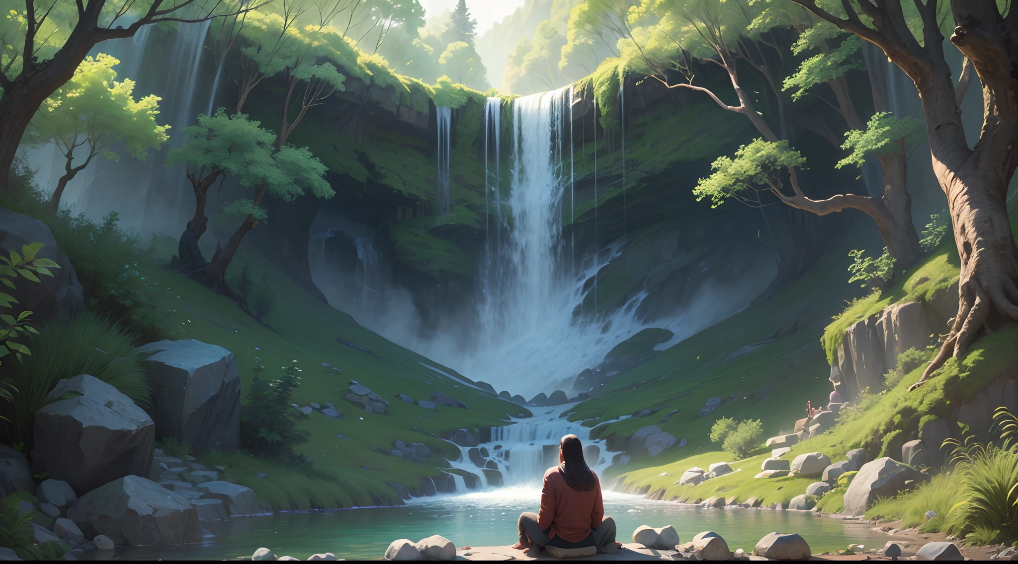 Magine un hombre con grandes, Straight hair in a state of deep meditation in a forest next to a waterfall. Is at peace and seeks a deep contact with nature.