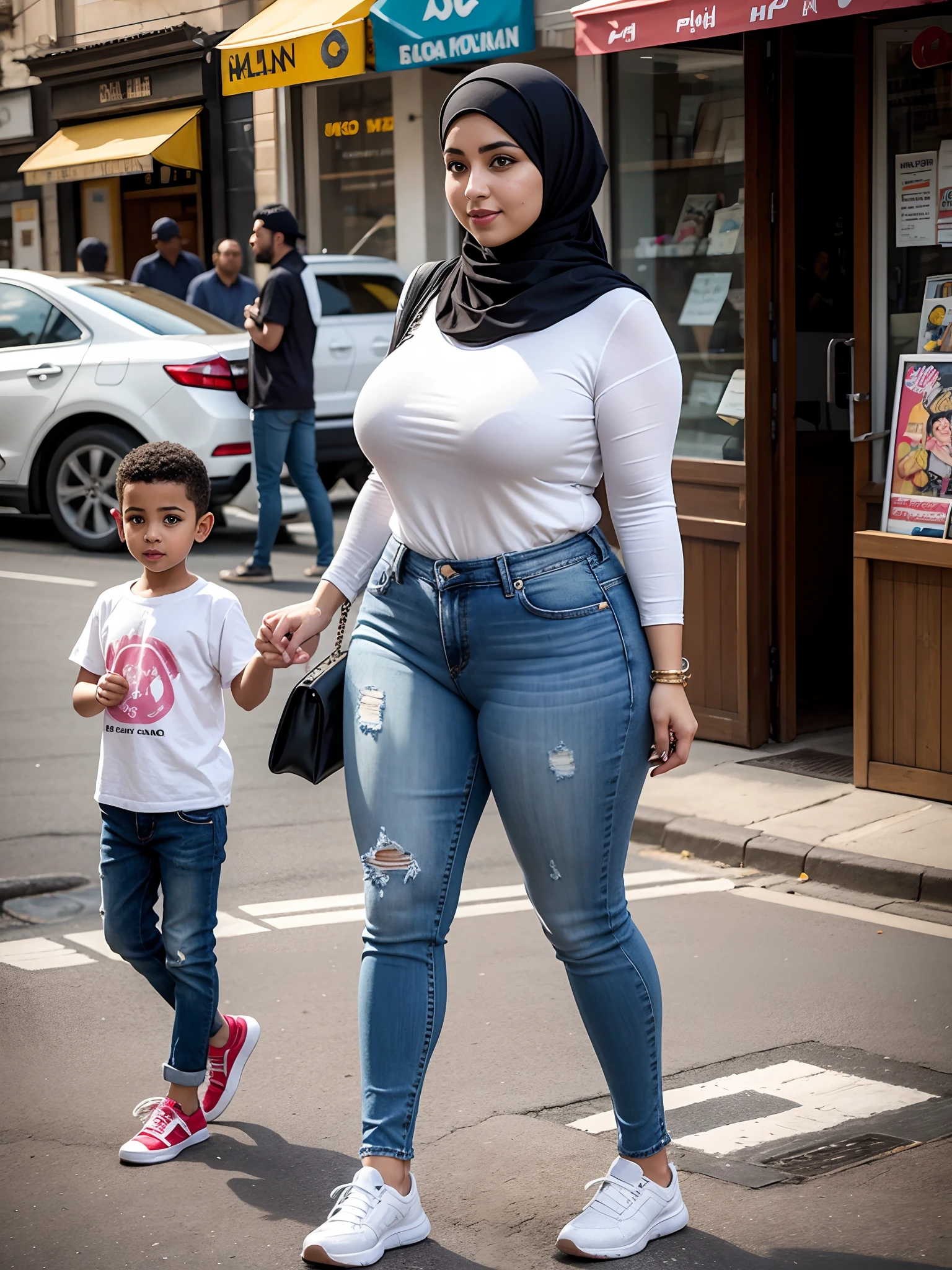 thicc Egyptian mom . modern sexy outfit,jeans,hijab,optimistic,street photography