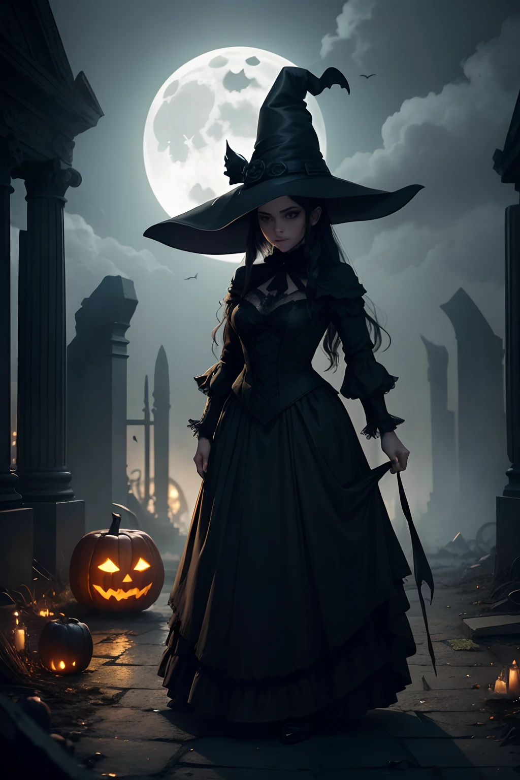 A beautiful witch dressed in black, a pointed hat, standing amidst ancient ruins at night. The ruins are partially illuminated by the eerie glow of the full moon. A black cat with piercing green eyes sits by her side, while bats fly overhead. In the background, there is a glowing Halloween pumpkin, adding a whimsical touch to the scene. The image quality is of the best quality, with ultra-detailed and realistic elements. The overall style is dark and mysterious, capturing the essence of Halloween. The color palette consists of deep, rich colors, and the lighting creates dramatic shadows, enhancing the eerie atmosphere.