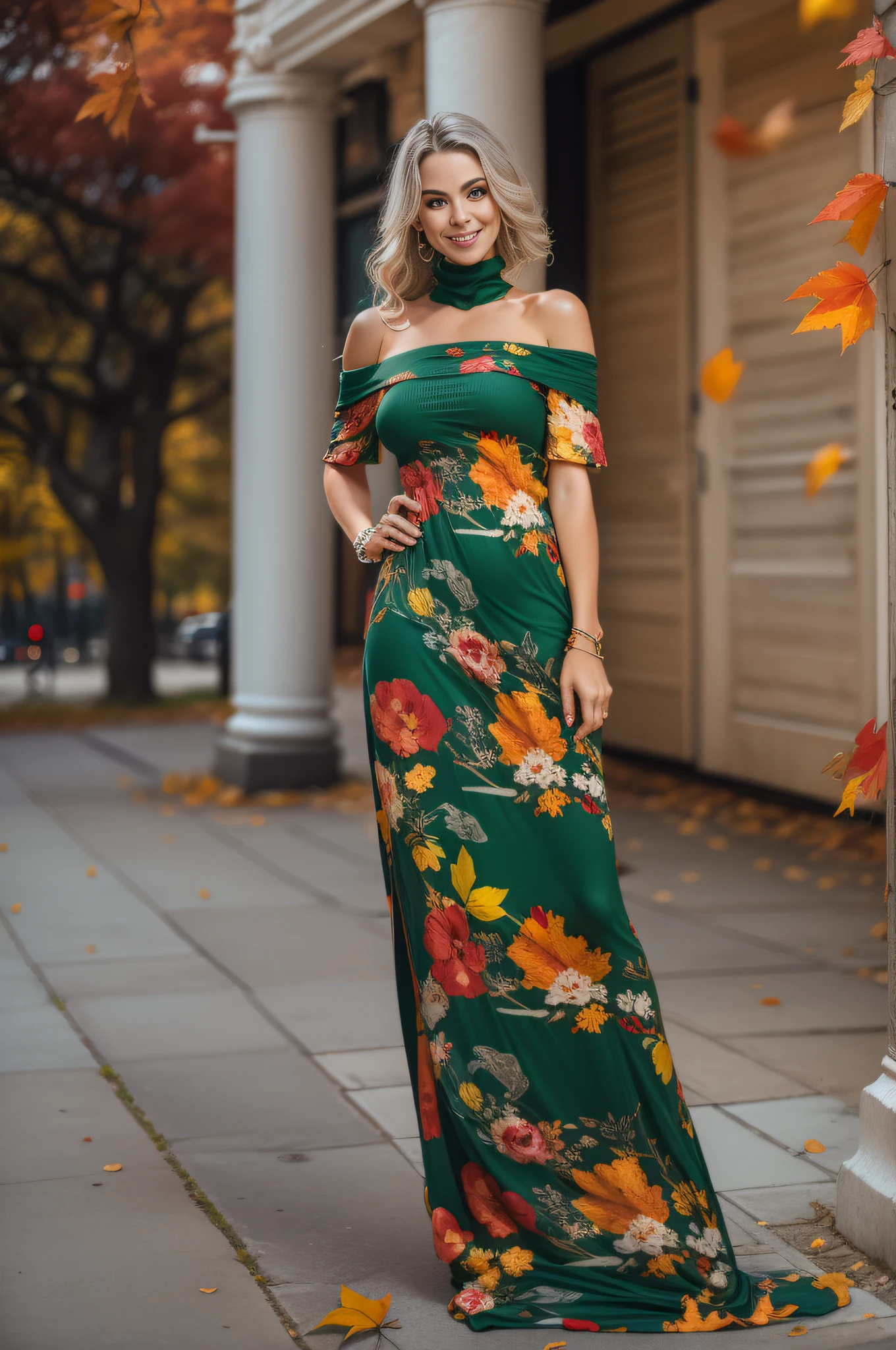 ((Masterpiece, best quality,edgQuality)), smug,smirk, edgADC_fashion, long dress, autumn leaves print,sandals,off shoulder turtleneck ,wearing edgADC