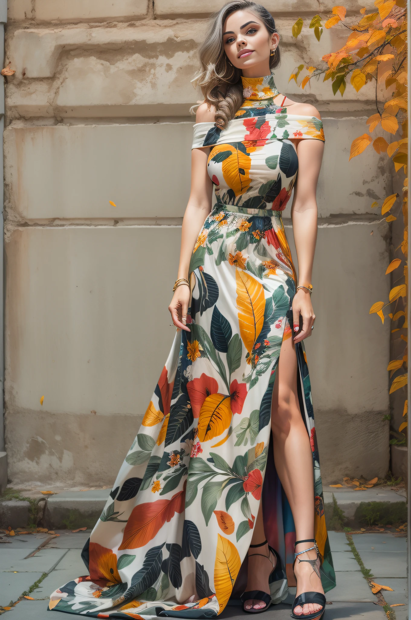 ((Masterpiece, best quality,edgQuality)), smug,smirk, edgADC_fashion, long dress, autumn leaves print,sandals,off shoulder turtleneck ,wearing edgADC