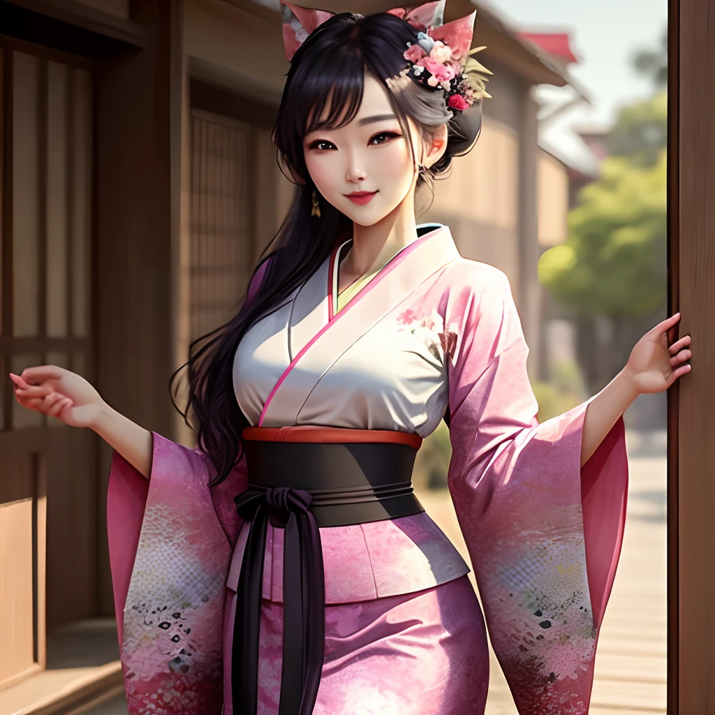 The black waist-length beauty wearing a pink kimono winked happily at me