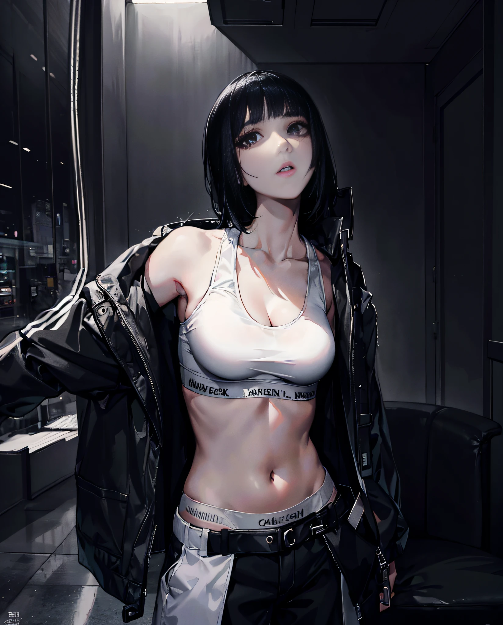 woman in a white top and black pants posing for a picture, black hair with bangs, black hair, medium hair, blunt bangs, beautiful face, detailed face, good eyes, good hands, (((perfect anatomy))), mature, mature female, anime girl, anime, detailed background, highres, official art, (masterpiece, best quality, absurdres), ((1girl, solo)), grey jacket, crop top, white bra, sports bra, black pants, black jacket, bare shoulders, open jacket, single bare shoulder, off shoulder, looking at viewer, parted lips, black eyes, stomach, nice belly, thin, skinny, toned, ribs, nice navel, indoors, chair