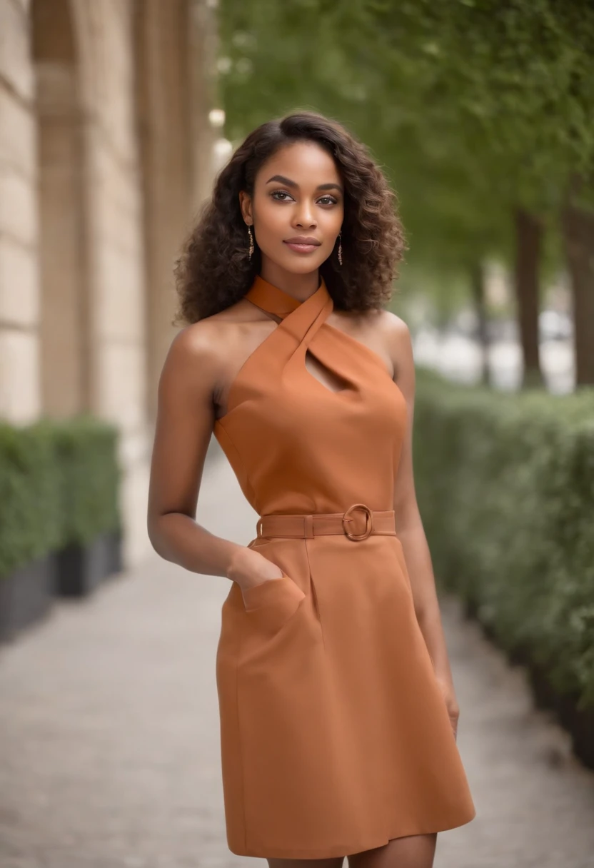 uma mulher de pele negra, usando um vestido vermelho, sorridente, andando por Paris, com foco principalmente da cintura para cima, + Cinematic lighting, Avid, Cinematic, color grading, Editorial fotografia, fotografia, photoshoot, Filmado com lente 70mm, Depth of field, DOf, Tilt Blur, velocidade do obturador 1/1000, f/22, White balance, 32K, Super-resolution, Megapixels, ProFoto RGB, VR, alto, epic, artegerm, alex ross, Half back lighting, luz de fundo, natural lighting, Incandescent, Optical fiber, moody lighting, Cinematic lighting, studio lighting, soft lighting, volumetric, luz de fundo, dark lighting, accent lighting, Global illumination, Screen Space Global illumination, Ray Tracing Global illumination, Luz vermelha da borda, cool color rating 45%, Optics, Espalhamento, brilhante, sombras, Duro, Cintilante, Ray tracing reflections, Lumen reflections, Screen space reflections, Diffraction classification, Chromatic aberration, Deslocamento GB, Scan lines, ray traced, ray tracing ambient occlusion, Anti-aliasing, fKAA, Thai, RTX, SSAO, Sombreadores, OpenGL-Sombreadores, GLSL-Sombreadores, Post-processing, post production, sombreamento celular, mapeamento de tons, CGI, VfX, SfX, Insanamente detalhado e intrincado, hipermaximalista, elegante, hiper-realista, super detalhado, Dynamic Pose, centrado, fotografia