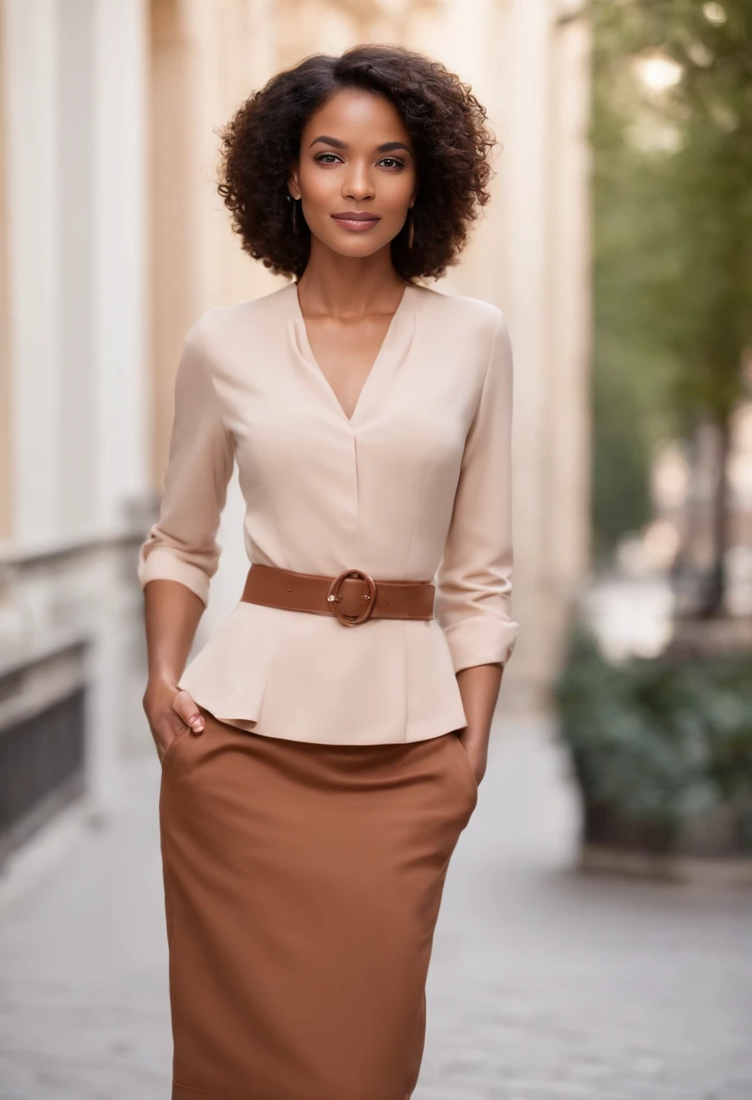 Femme de 25 ans, confident and elegant, porter une tenue sociale impeccable. Your brown skin radiates health and vitality, perfectly complementing its sophisticated appearance.
Elle porte une jupe crayon et un chemisier en soie. The skirt has an elegant cut and reaches the knee, accentuer votre silhouette. Le chemisier est de couleur neutre, with subtle details that add a touch of style, like a delicate knot on the neck.