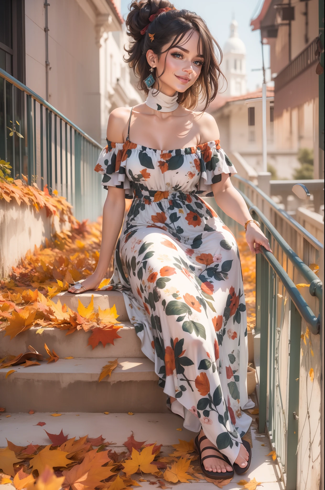 ((Masterpiece, best quality,edgQuality)), smug,smirk, edgADC_fashion, long dress, autumn leaves print,sandals,off shoulder turtleneck ,wearing edgADC