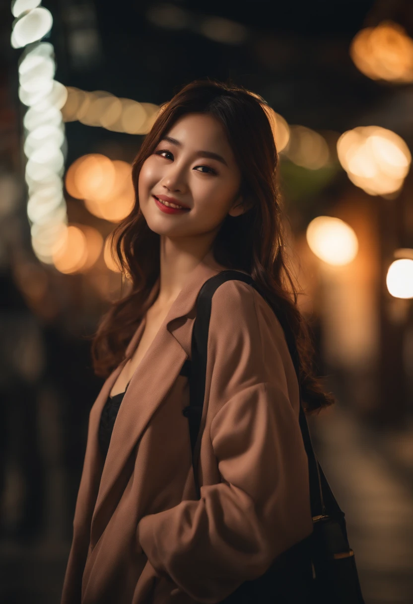 Japanese girl, cute girl, OOTD outfit, street, soft lighting, seductive pose, realistic lighting, charming smile, vibrant colors, bokeh