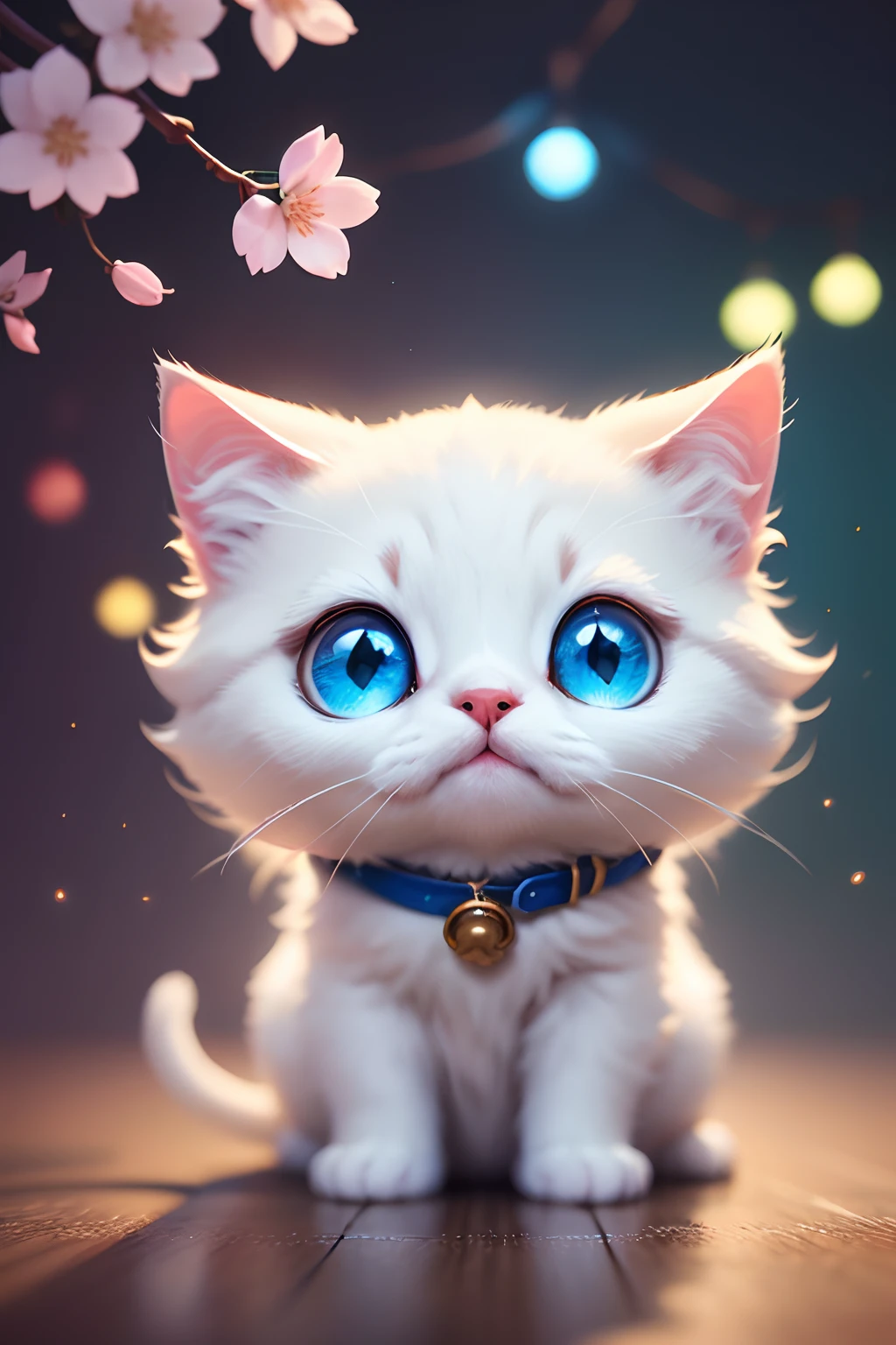 Cute little surreal pure white cat, blue eyes, chibi, adorable super fluffy, logo design, comic, cinematic lighting effects, attractive 3D vector art, Cute and quirky fantasy art, bokeh, hand painted, digital painting, illuminated by soft, Isometric style, 4K, photorealistic rendering, highly detailed clean, vector images, a photorealistic masterpiece, professional photos, simple space background, flat white graduated background, isometric, vibrant vector, cherry blossom background