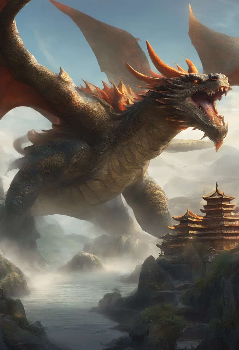 Dragon turtle,Huge, Heavy tortoiseshell shell,Chinese leader,The long tail of the snake,swell sea,China-style,oc rendered,super-fine,high qulity,A high resolution