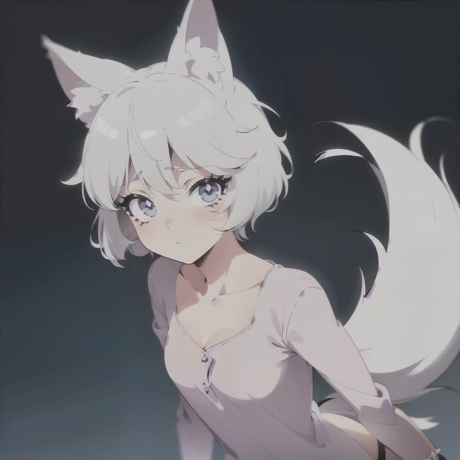 High quality, 1girl, ((((Candy Candy anime style)))), (wolf girl, wolf ears, wolf tail), animal ears, animal tail, ((((short hair)))), ((silver white hair)), hair clip, ((hair tap eye)), ((blue eyes)), long eyeslashes, eyeliner, (((small breasts, old pijama))), ((worried, sad expression, mellancholic look, blue eyes)), (white background), closed_mouth, blush, eyelashes, detailed shadows, detailed body, detailed eyes, detailed lines, (((manga style, manga coloring, 4K))).