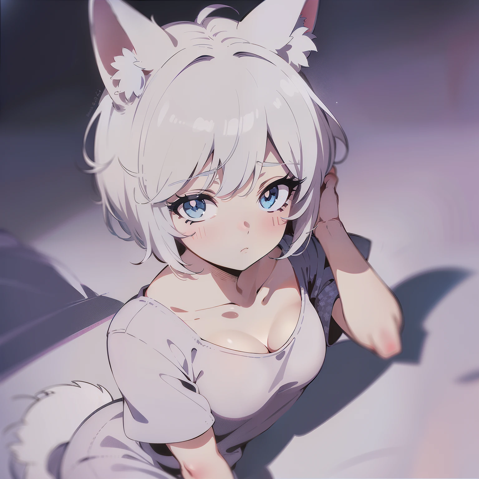 High quality, 1girl, ((((Candy Candy anime style)))), (wolf girl, wolf ears, wolf tail), animal ears, animal tail, ((((short hair)))), ((silver white hair)), hair clip, ((hair tap eye)), ((blue eyes)), long eyeslashes, eyeliner, (((small breasts, old pijama))), ((worried, sad expression, mellancholic look, blue eyes)), (white background), closed_mouth, blush, eyelashes, detailed shadows, detailed body, detailed eyes, detailed lines, (((manga style, manga coloring, 4K))).