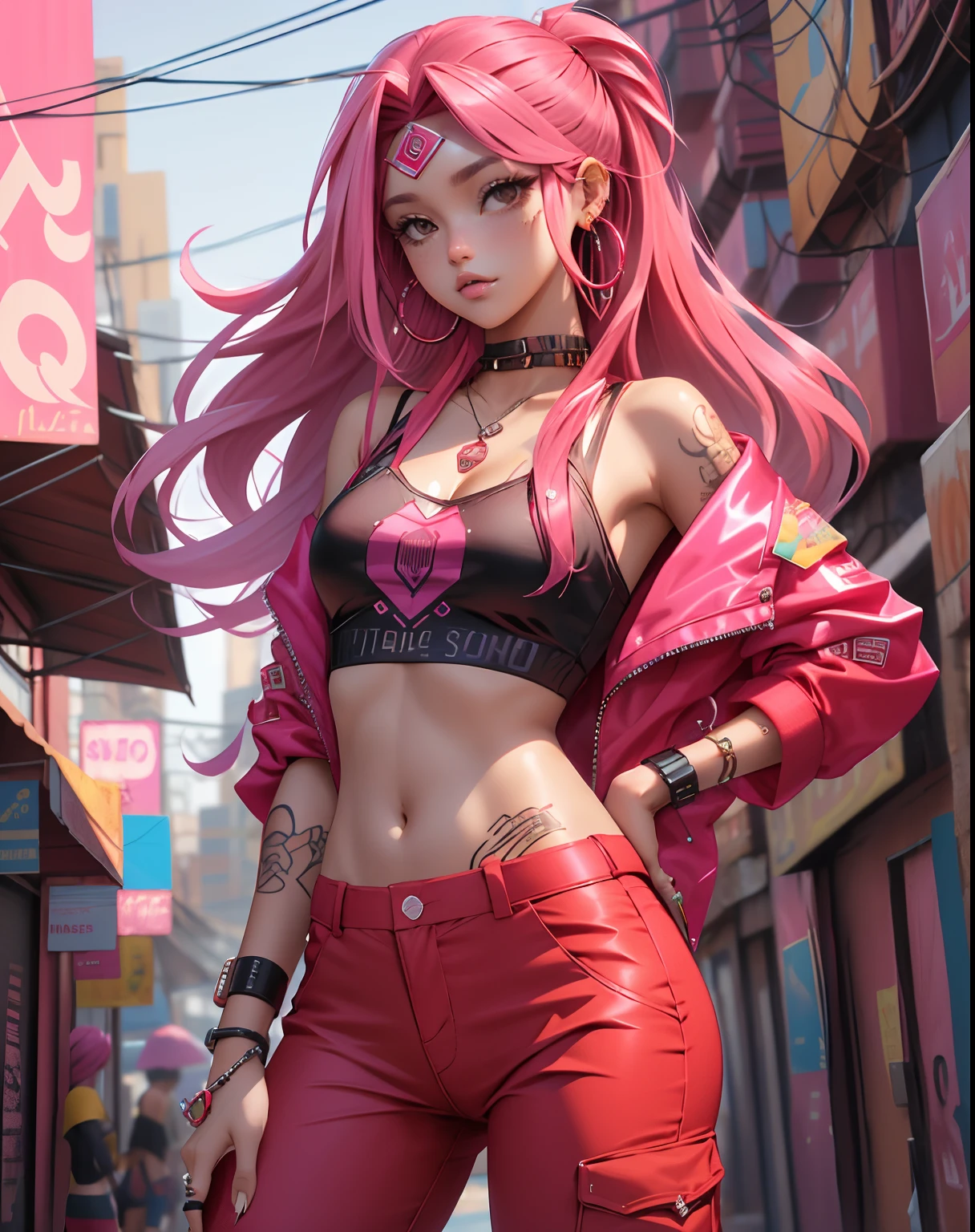 melhor qualidade, cyber sttyle , 1girl, sozinho, long and messy pink hair, tatuagem tribal, BAGGY RED PANTS, fundo desfocado,