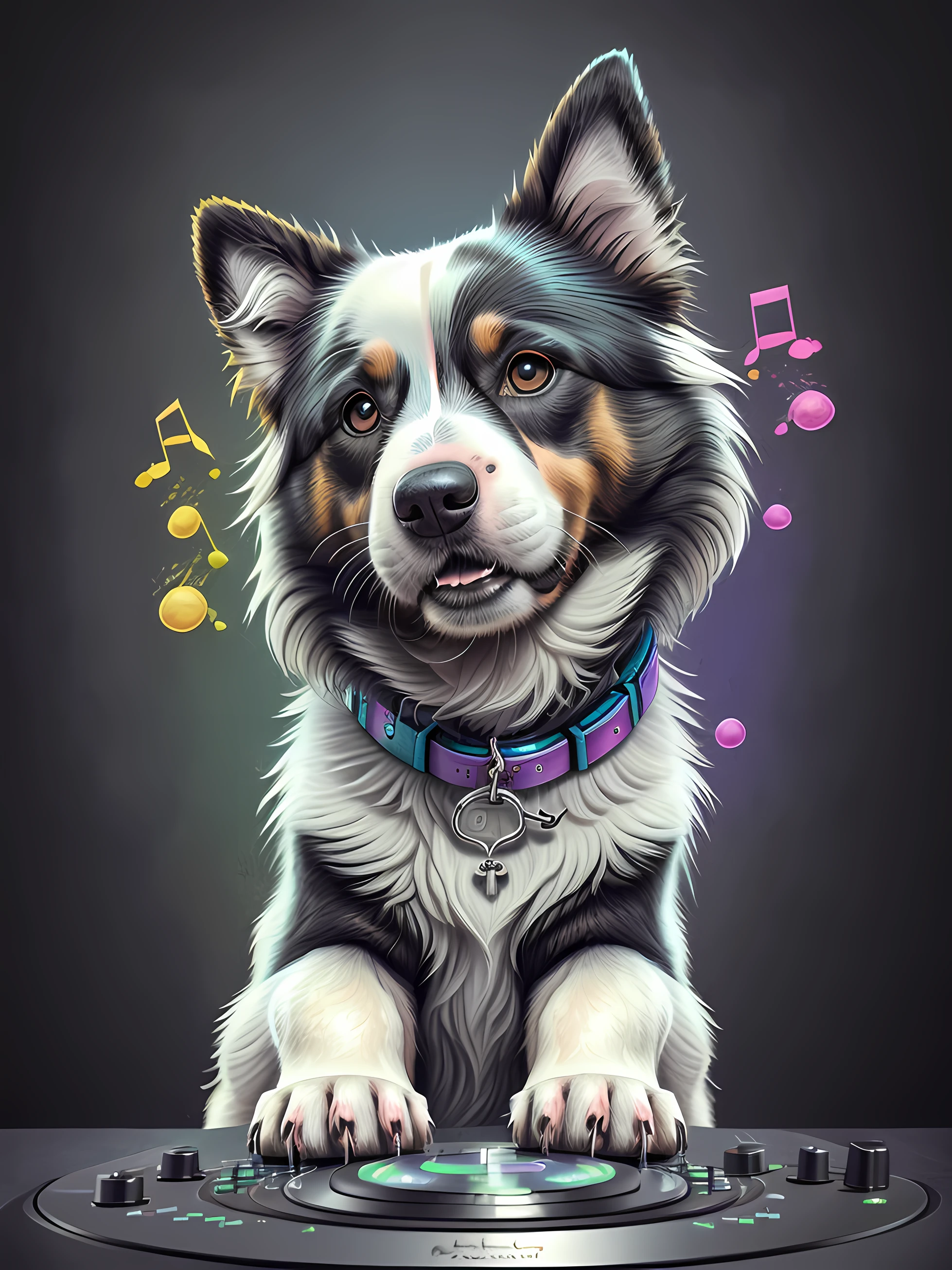 um cachorro Border Collie, pintura estilo 3D aquarela, DJ dog listening to music, Border Collie DJ dog, imagem completa, High resolution high contrast (fotorrealista:1.5), (Foto RAW, 8k UHD,