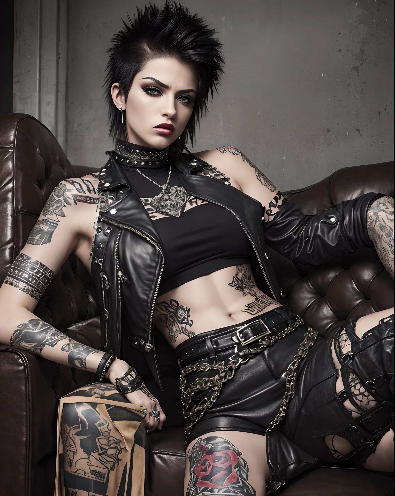 (best quality,4k,8k,highres,masterpiece:1.2),ultra-detailed,(realistic,photorealistic,photo-realistic:1.37),punk gothic woman,facial piercing,tattoos,black and white portrait,White hair fierce expression,detailed facial features,smoky eye makeup,dark lipstick,cropped hair,punk rock fashion,leather jacket,studded collar,ripped fishnet stockings,ankle boots,graffiti background,edgy lighting,contrast,highly textured tattoos,body art,heavy metal style,gothic atmosphere,monochrome palette