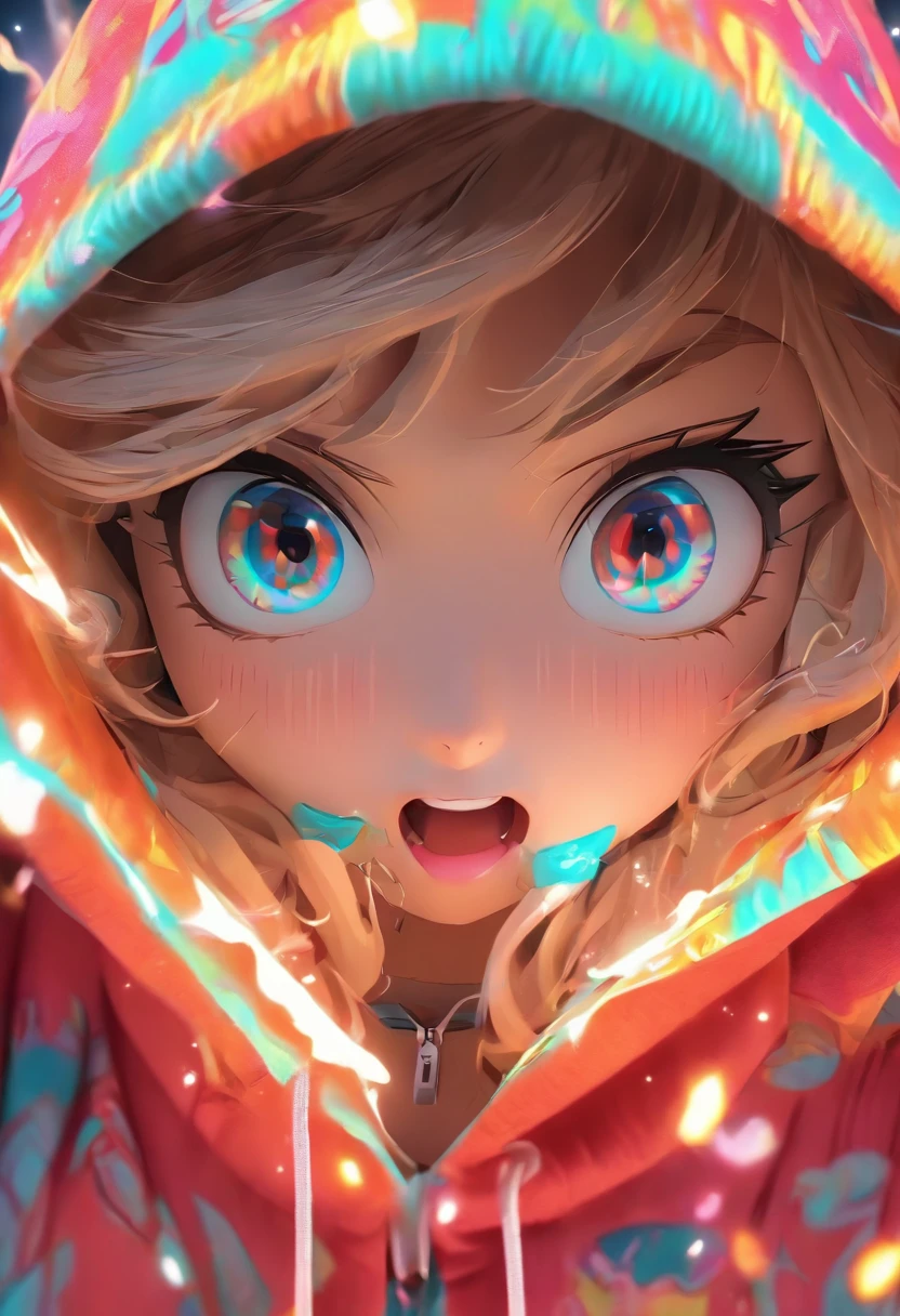 Top quality.3D.Masterpiece, high resolution, 8K, Hoodie and anime style girl, One girl, detailed line art, Digital enhancement, Close up, Anime core, Flowing fabric,Grimacing,Big eyes cute