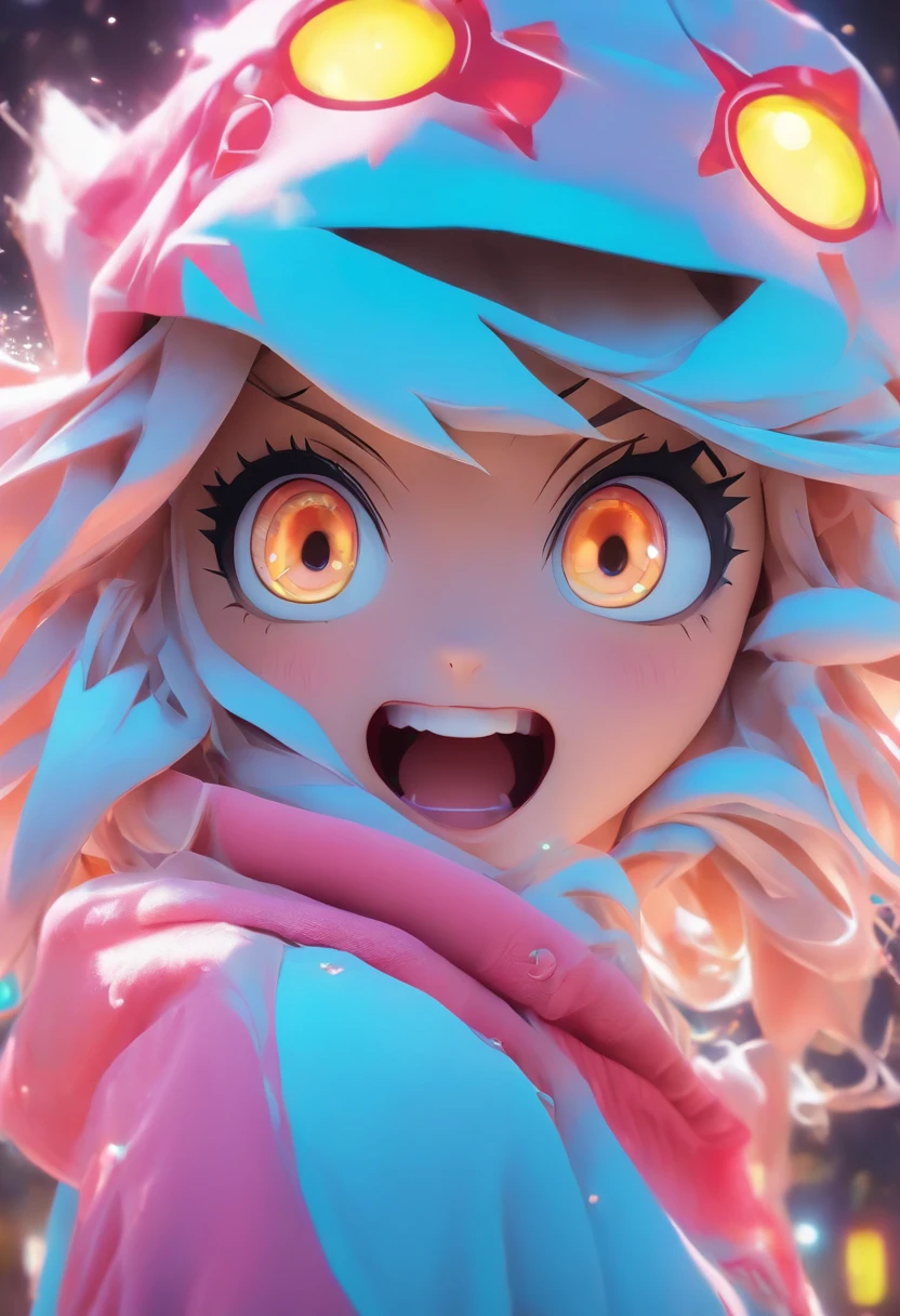 Top quality.3D.Masterpiece, high resolution, 8K, Hoodie and anime style girl, One girl, detailed line art, Digital enhancement, Close up, Anime core, Flowing fabric,Grimacing,Big eyes cute