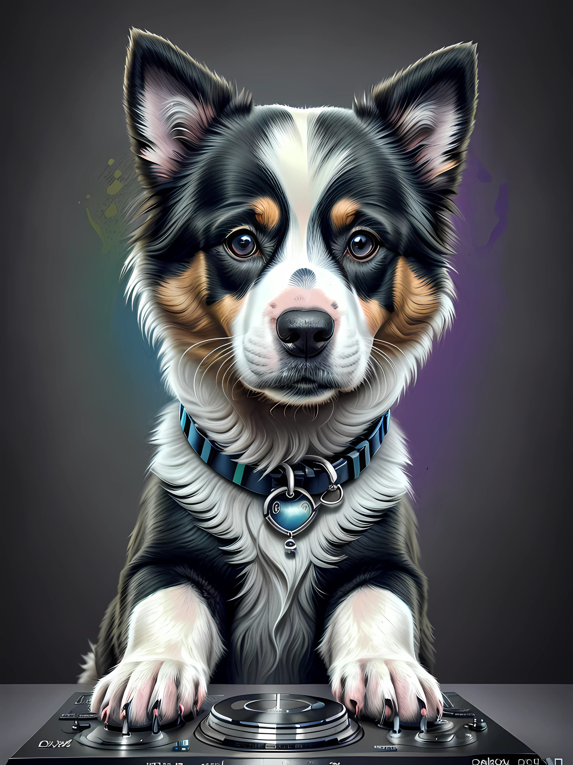 um cachorro Border Collie, pintura estilo 3D aquarela, DJ dog listening to music, Border Collie DJ dog, imagem completa, High resolution high contrast (fotorrealista:1.5), (Foto RAW, 8k UHD,