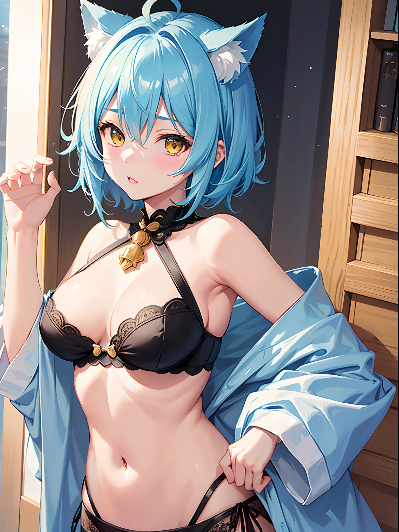 ((4K,masutepiece,Best Quality)),an extremely cute and beautiful girl with cat ears,Beautiful light blue short hair,bangs pinned back,Ahoge,Colored inner hair,Highly detailed beautiful face and yellow eyes,Cute,blush, medium breasts, roomwear, Underwear is visible,