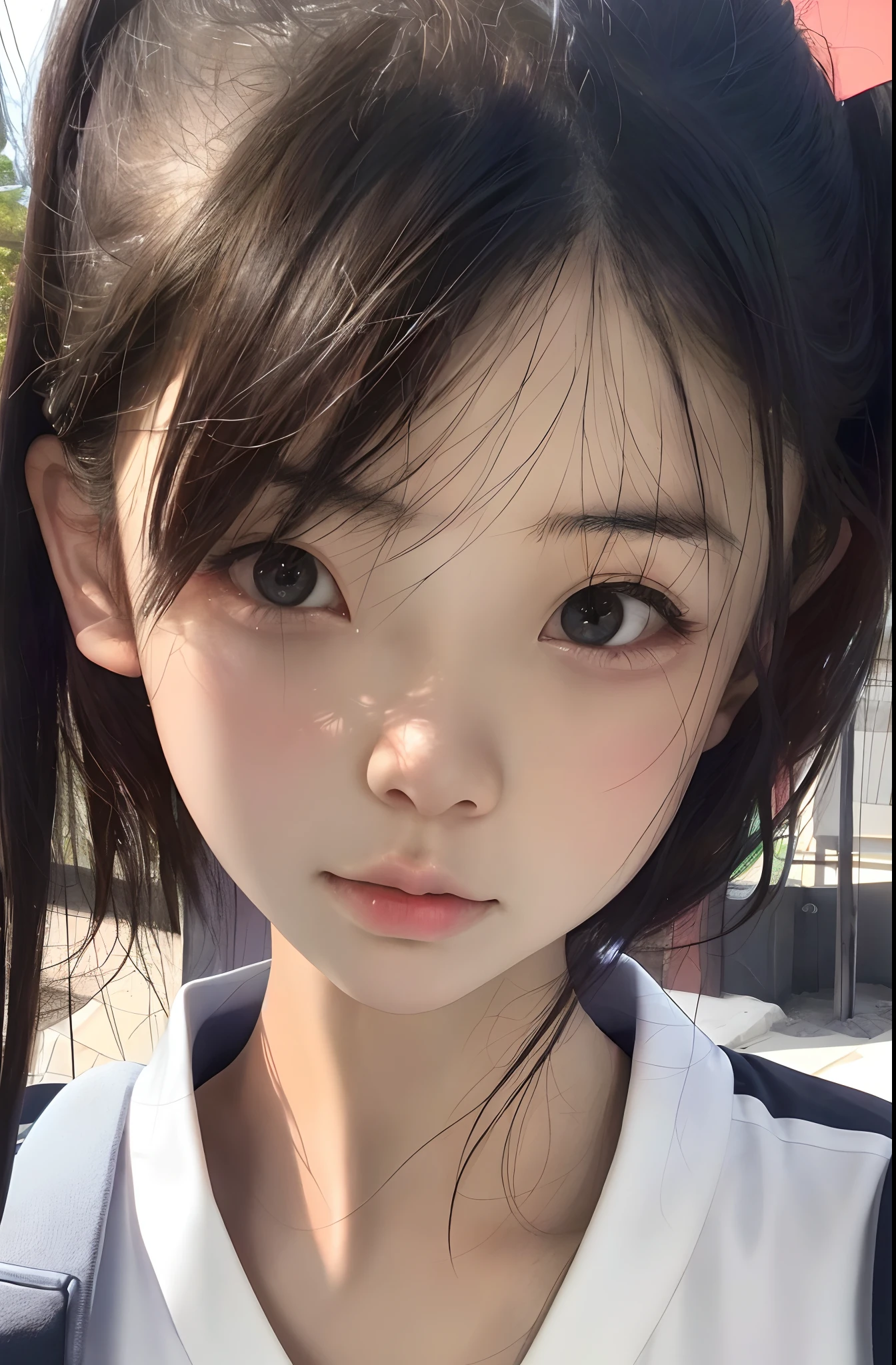 （Need，tmasterpiece），（详细的脸，realisticlying，the detail），1girll，The upper part of the body，simplebackground，looking at viewert，Focus on the face，The color hair，校服